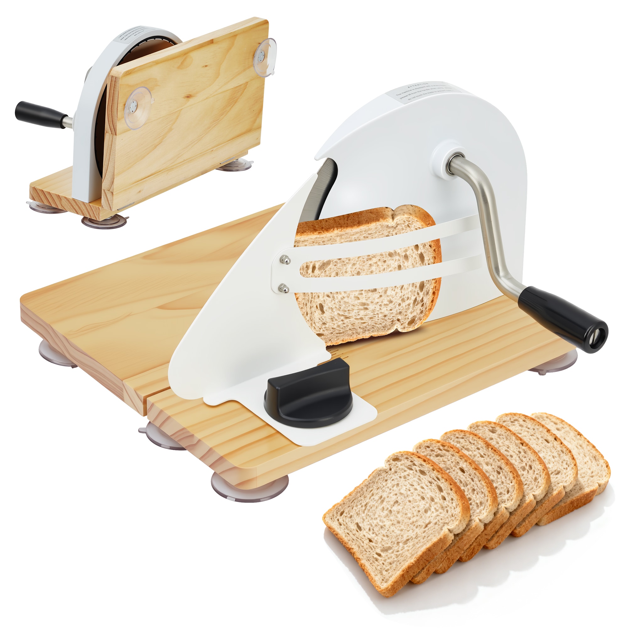 GarveeLife Manual Bread Slicer with Hand Crank Collapsible Wood Board Steel Fence Adjustable Thickness for Even Homemade Commercial Slices