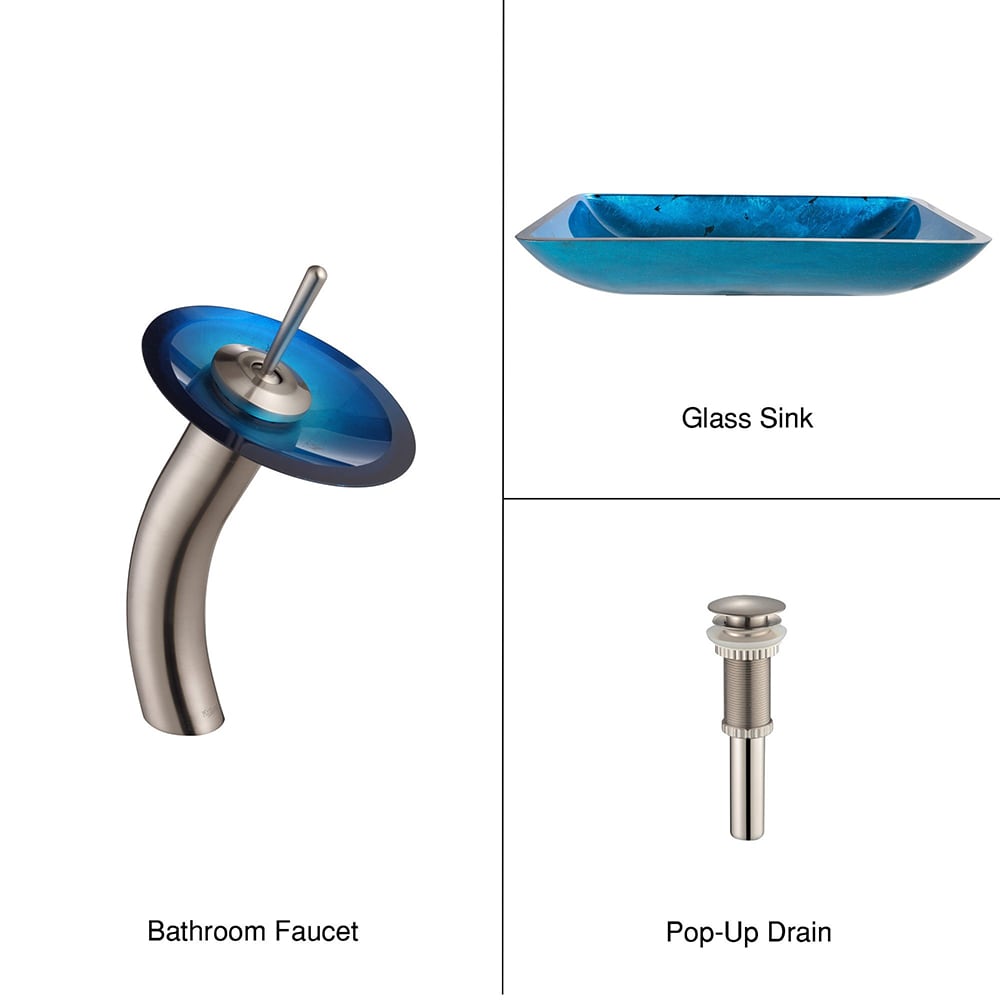 Kraus C-GVR-204-RE-10SN Irruption Blue Brass Vessel Rectangular Traditional Bathroom Sink with Faucet and Drain Included (22-in x 14-in)