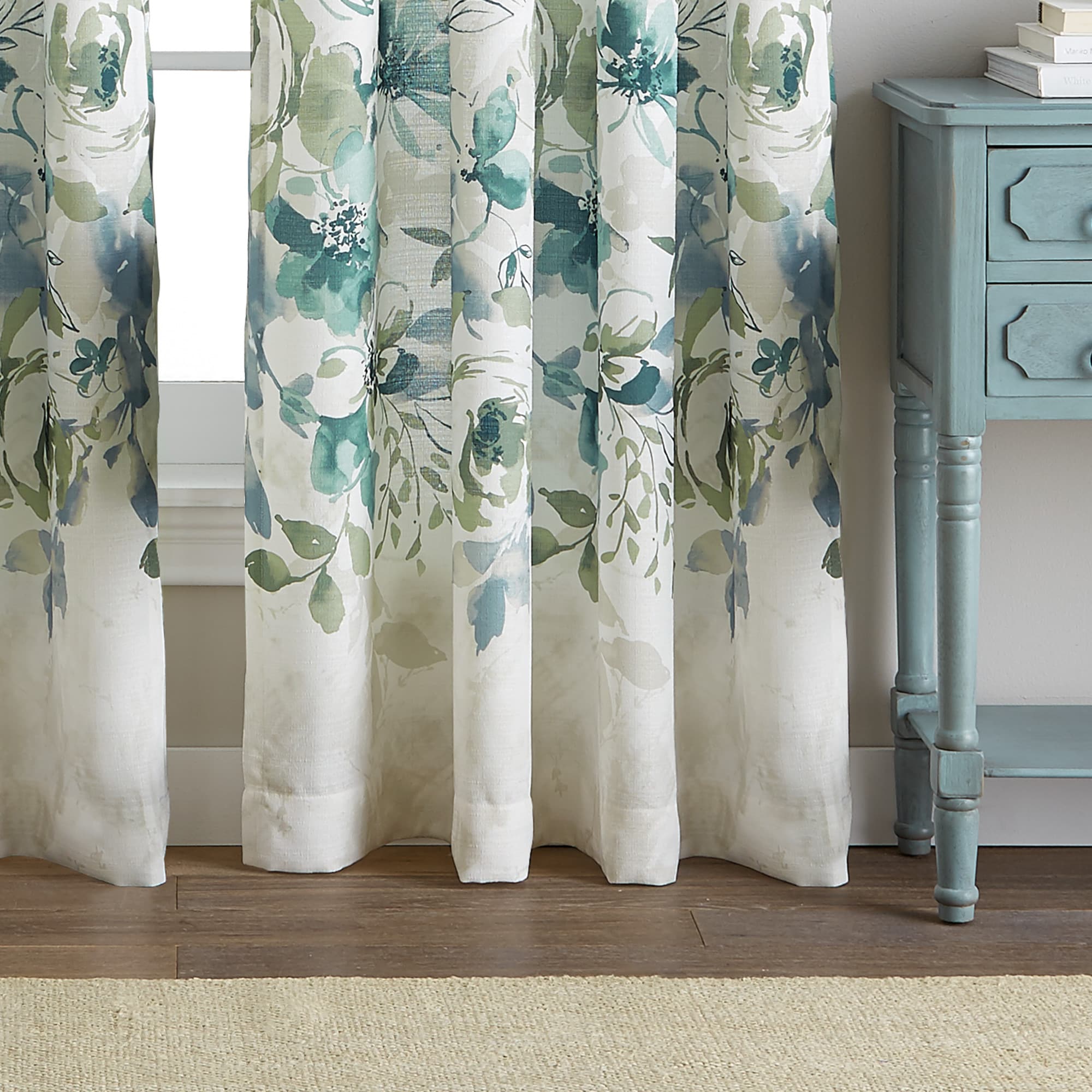 Aqua Floral Light-Filtering Polyester Rod Pocket Curtain Panel, 50" x 63"