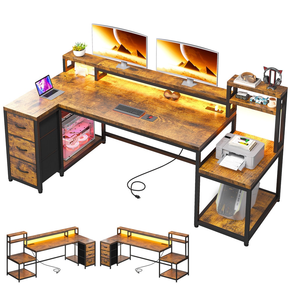 Raybee 71-in W L-Shaped Computer Desk with 3 Drawers and Monitor Stand Gaming Desk with Charging Station and LED Lights Brown