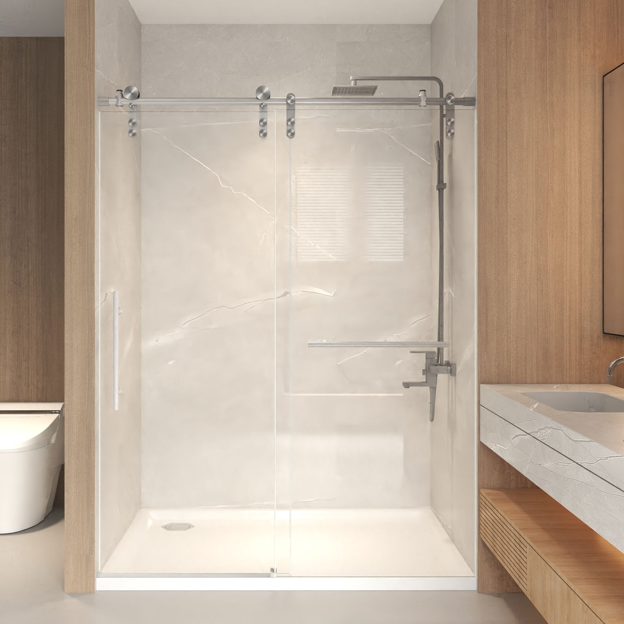 Vynxaria  50-54-in W x 76-in H Frameless Sliding Shower Door with 5/16-in Clear Tempered Glass and Brushed Nickel Hardware