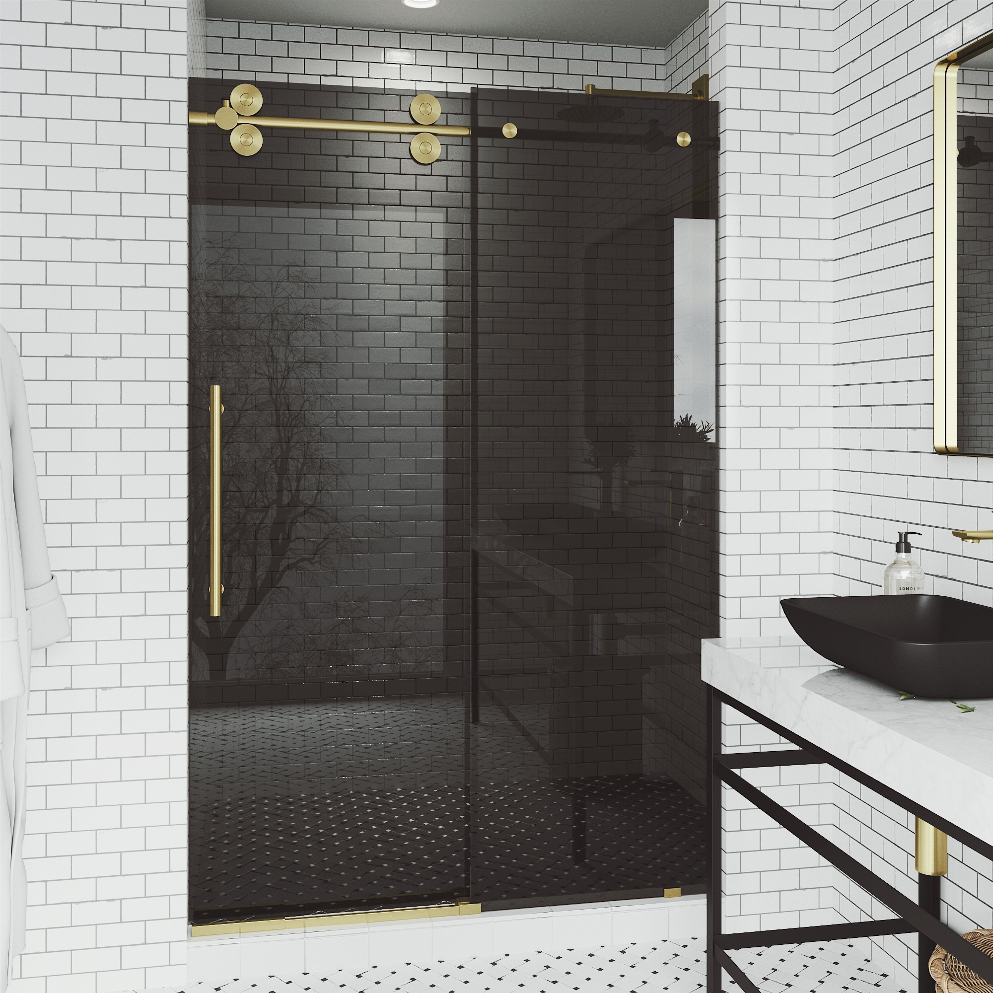 VIGO VG6041MGBLK6074 Elan Matte Brushed Gold 56-in to 60-in W x 74-in H Frameless Sliding Shower Door 3/8-in Thick Smoke Gray Glass
