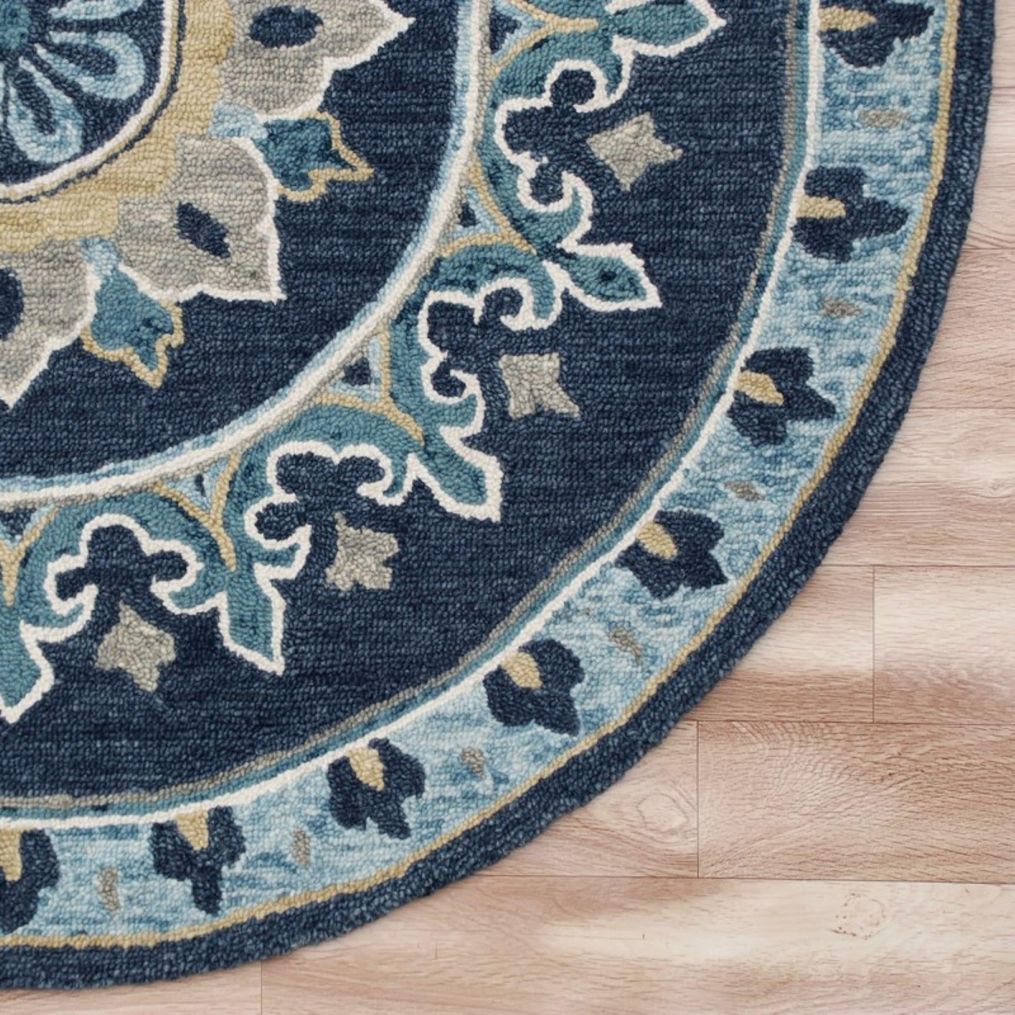 Handmade Blue Floral Medallion Wool Round Rug, 5'