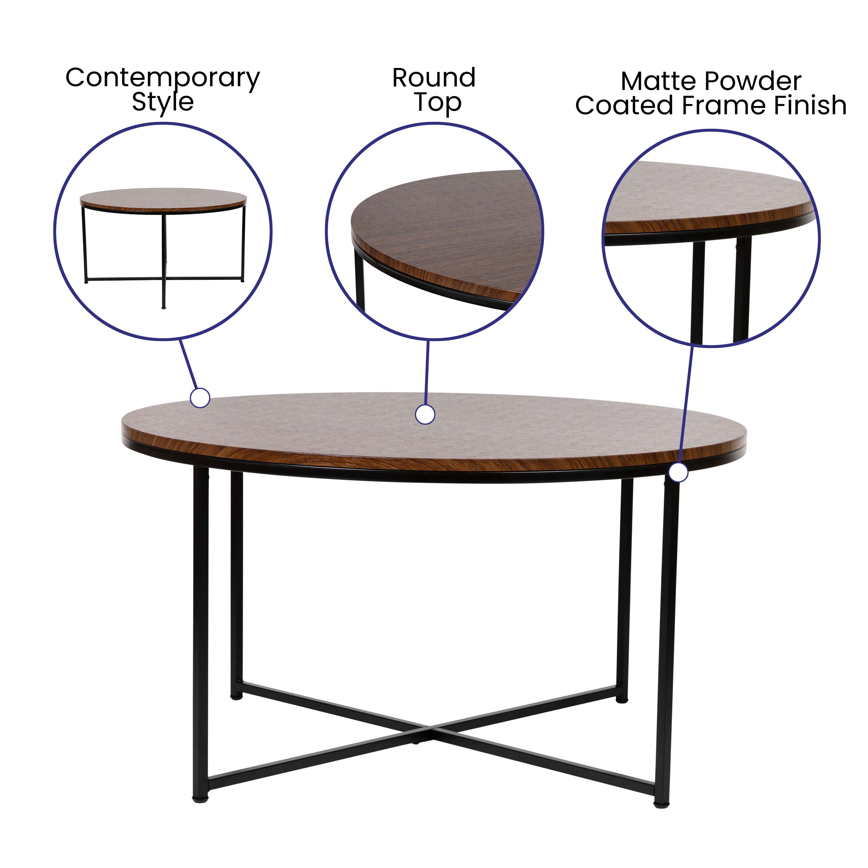 Walnut Finish Round Coffee Table with Matte Black Metal Frame