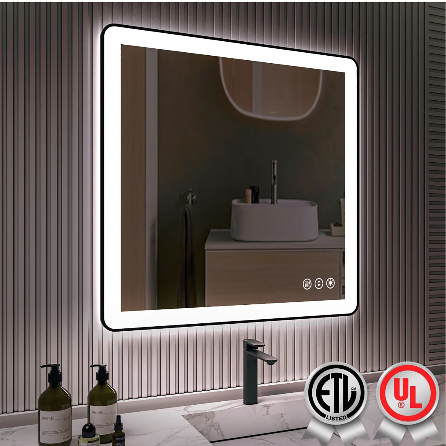 waterpar WPLO-2470 36-Inches x 36-Inches Polished Rectangle Dimmable Lighted Fog Free Bathroom Vanity Mirror ( Black )