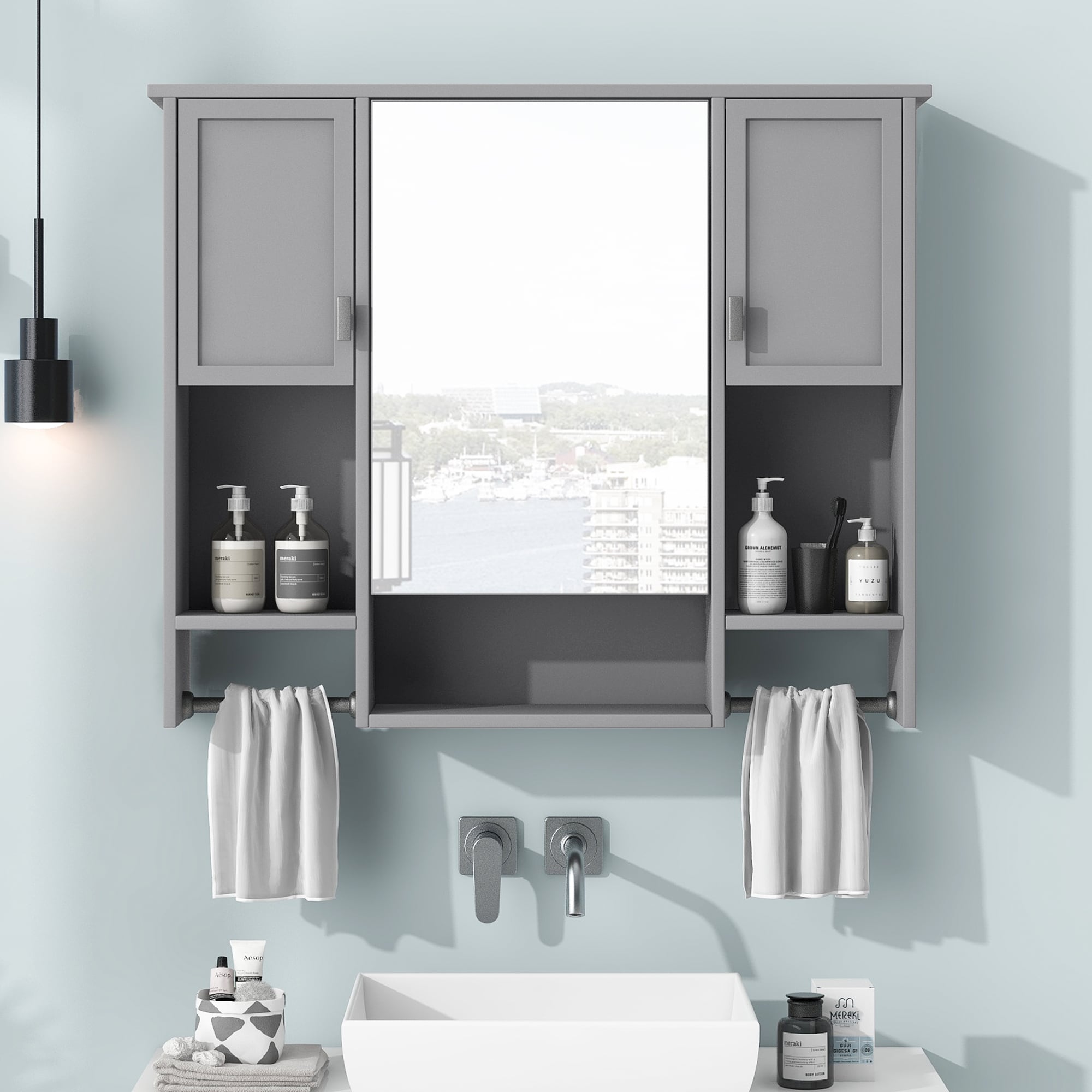 WELLFOR GIZQN7101AE 35-Inches x 28.7-Inches Surface Mount Gray Mirrored Rectangle Soft Close Medicine Cabinet