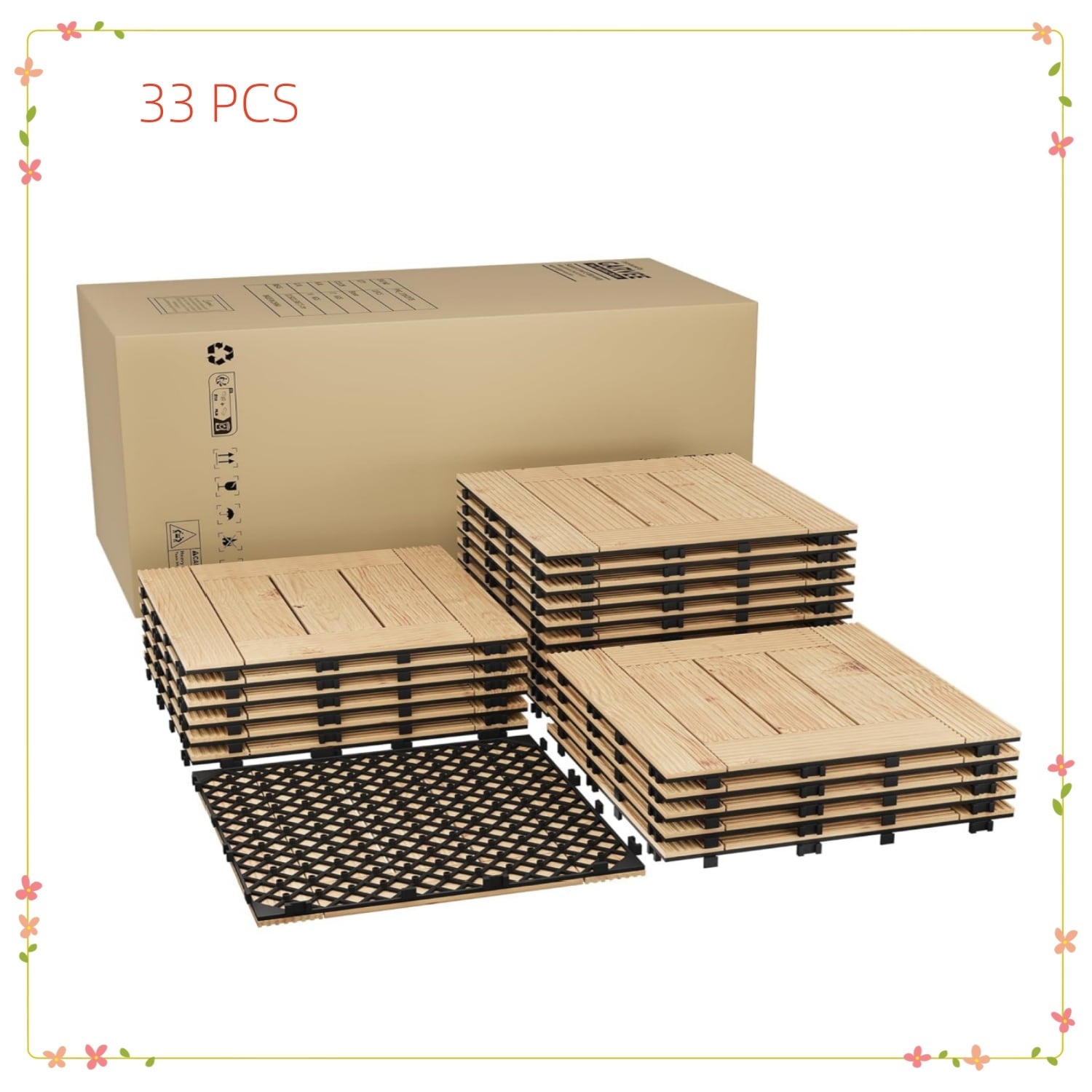 Garvee 33-Pack Acacia Wood Deck Tiles (12x12 In) - Covers 32 Sq Ft Interlocking Water-Resistant Flooring for Patio Balcony and Pool Deck Natural