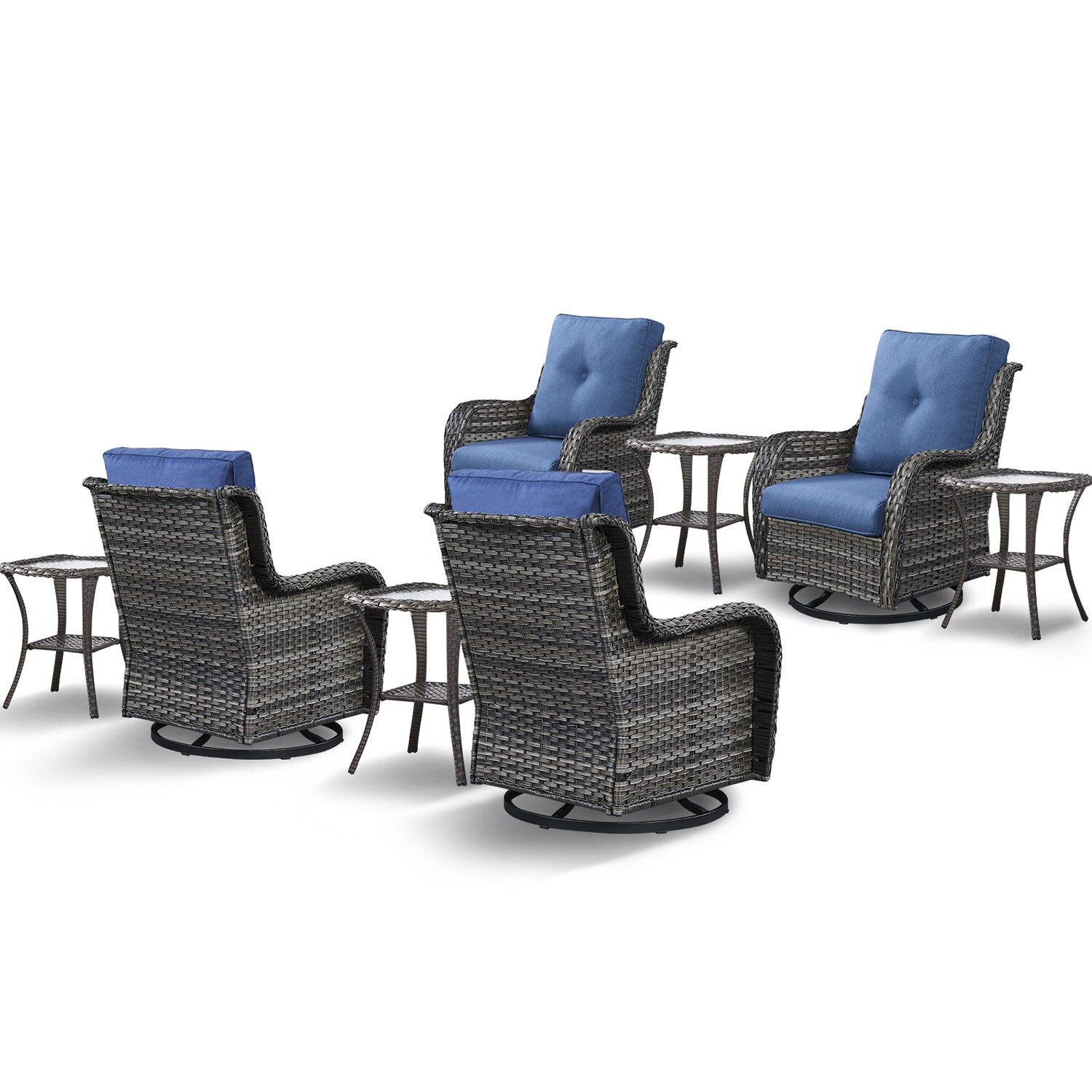 Rilyson FS036X2026X2-1 Curved handrail Set of 4 Wicker Gray Steel Frame Swivel glider Rocking Chair with Blue Blue Cushioned Seat