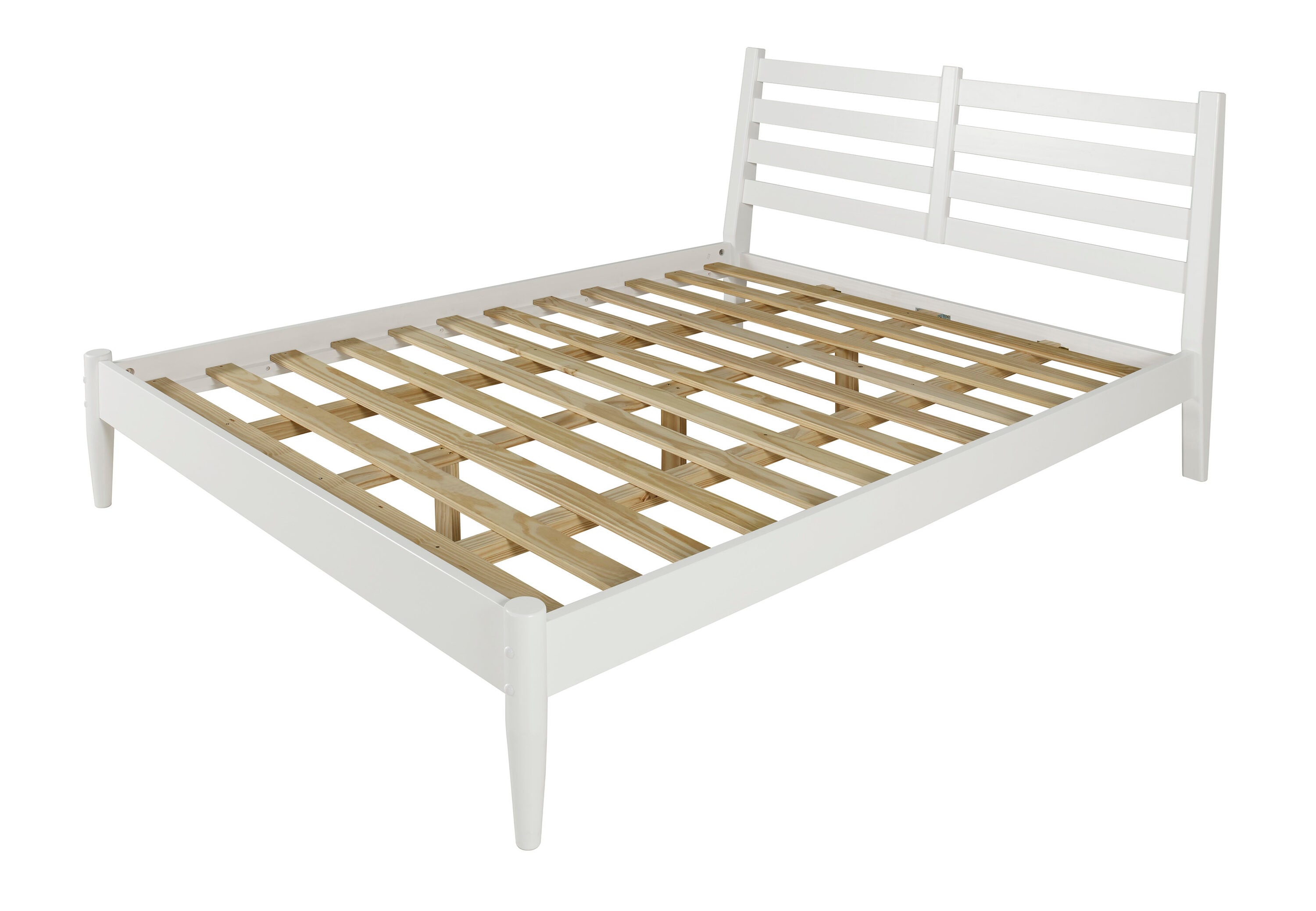 Elegant Pine Wood King-Size Bed with Slatted Headboard - White Finish