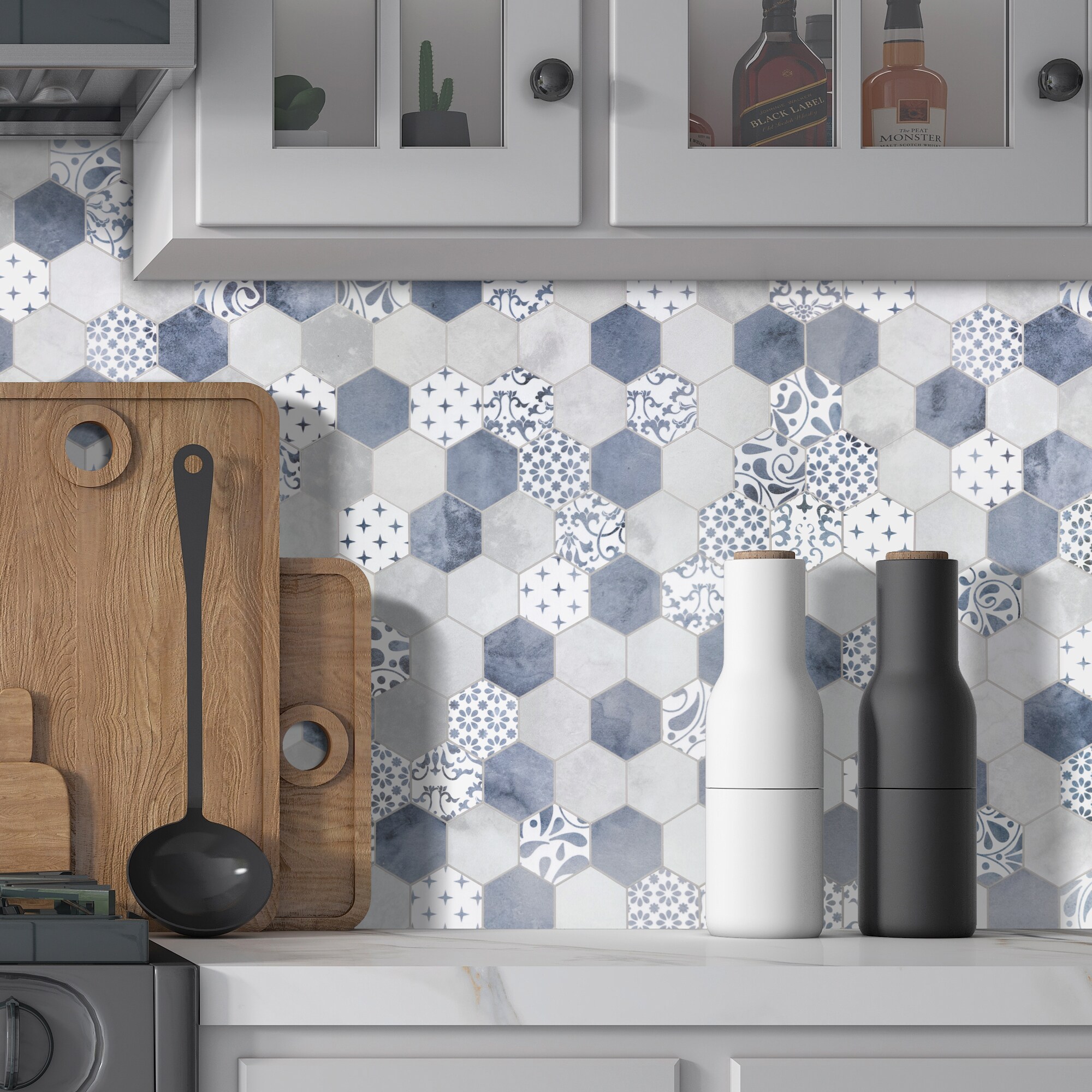 sunwings Hexagon 12.5 in. x 12.2 in. Peel and Stick Backsplash Stone Composite Wall Tile, Cement Blue (10 tiles, 9.00 Sq.Ft.)