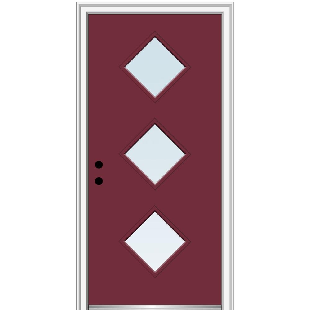 MMI DOOR ZZ346305R Spotlights 32-in x 80-in x 4-9/16-in Fiberglass Pulse lite Right-hand inswing Burgundy Painted Prehung Front Door with Brickmould Insulating core
