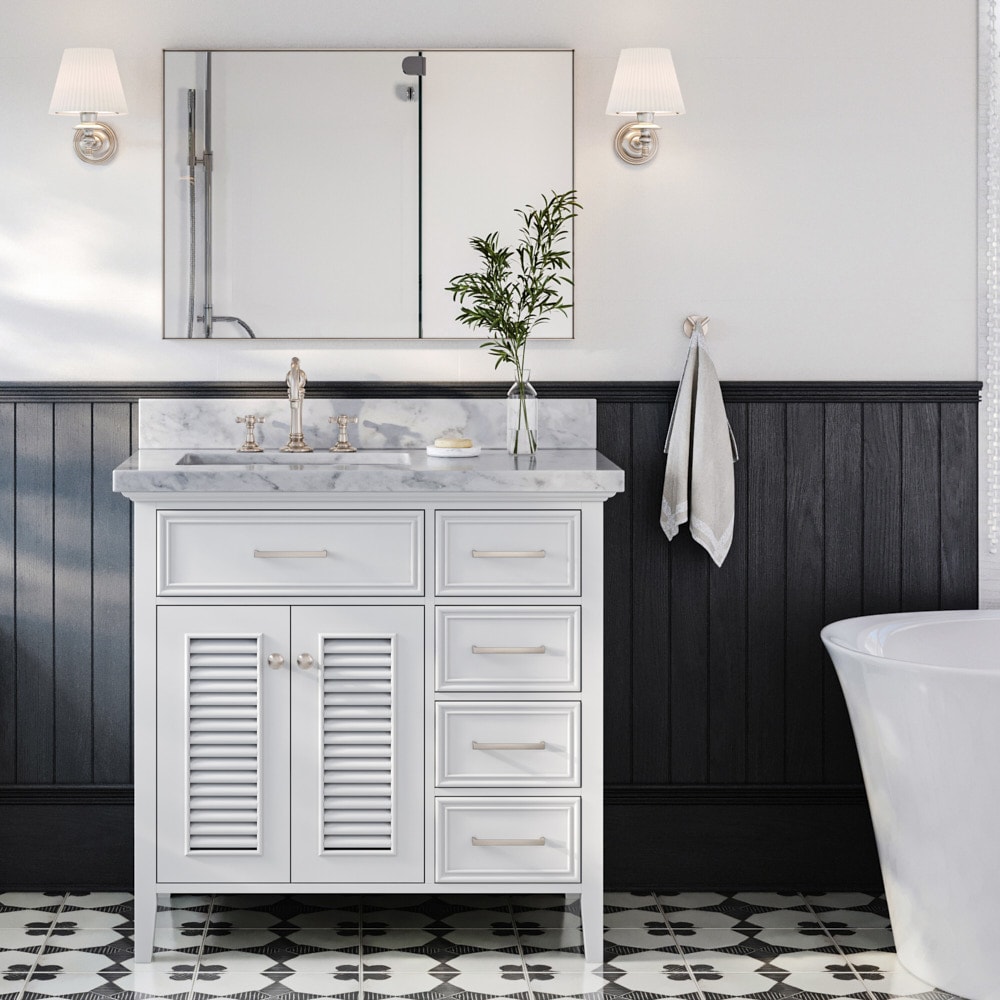 ARIEL D037S-L-VO-WHT Kensington 37-in White Undermount Single sink Bathroom Vanity with Carrara White Marble Natural marble Top