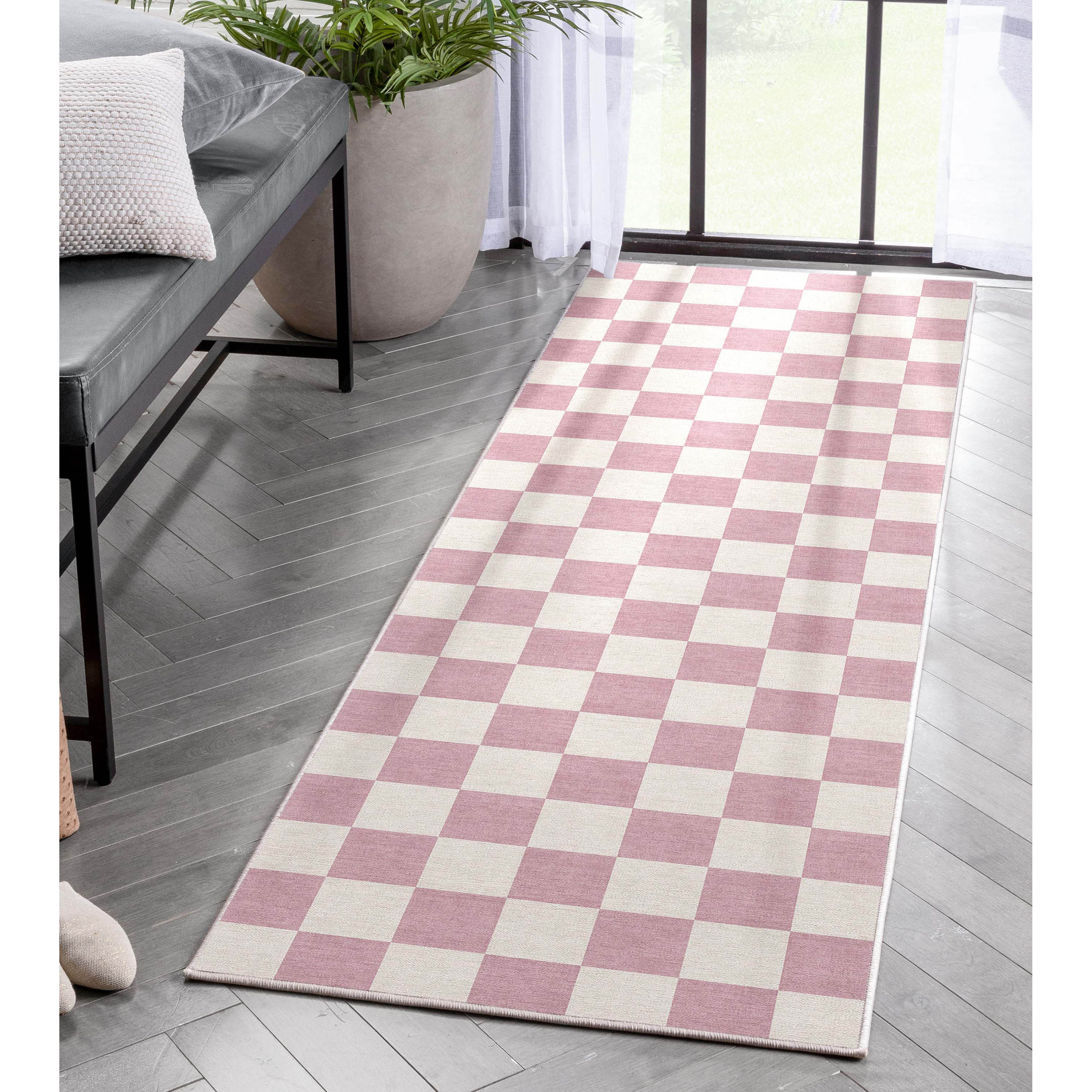 Well Woven W-SQR-01E-2 Apollo 2 x 8 (ft) Flatweave Polyester Pink Rectangular Indoor Geometric Mid-Century Modern Runner rug