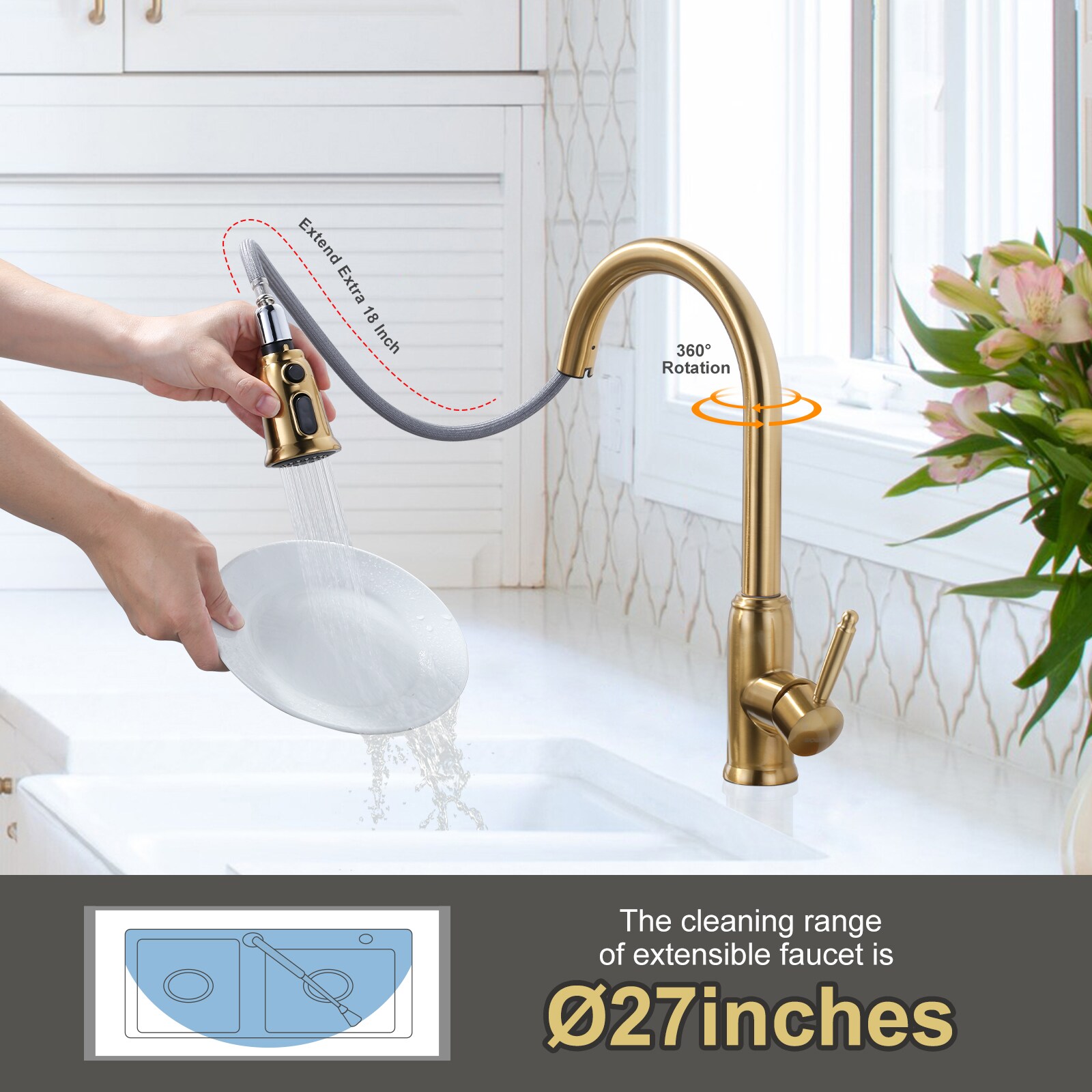 WOWOW Gold Single Handle Kitchen Faucet with Sprayer (Deck Plate ...