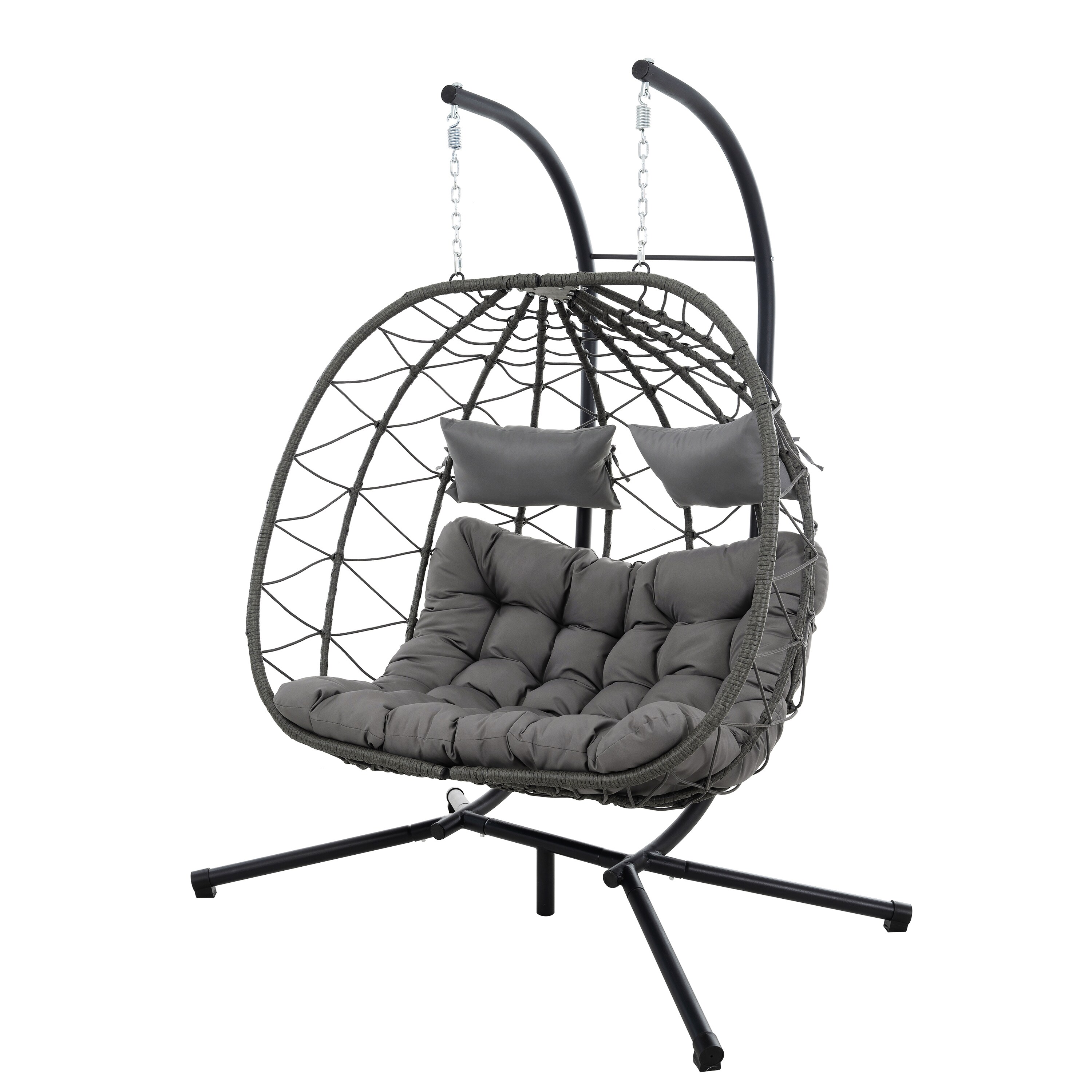 Mondawe MD00183001 Wicker Black Steel Frame Hanging Egg Chair with Gray Cushioned Seat