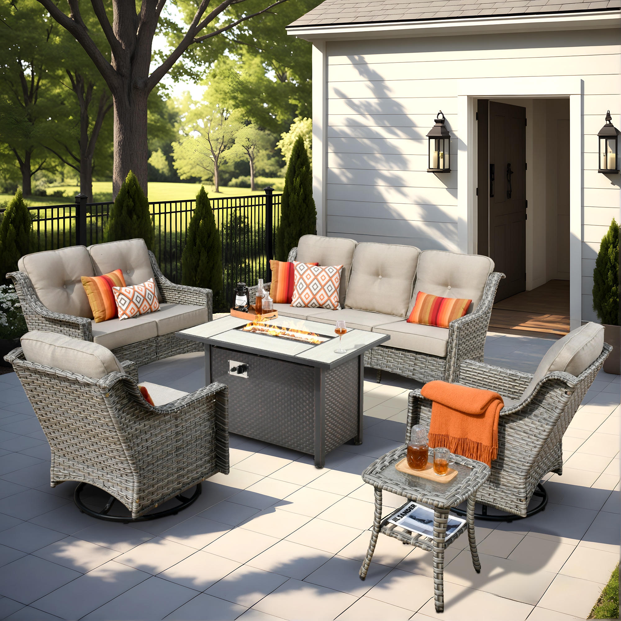 Pouuin SCFPAD606 6 -Piece Wicker Patio Sofa Conversation Set with Beige Cushions