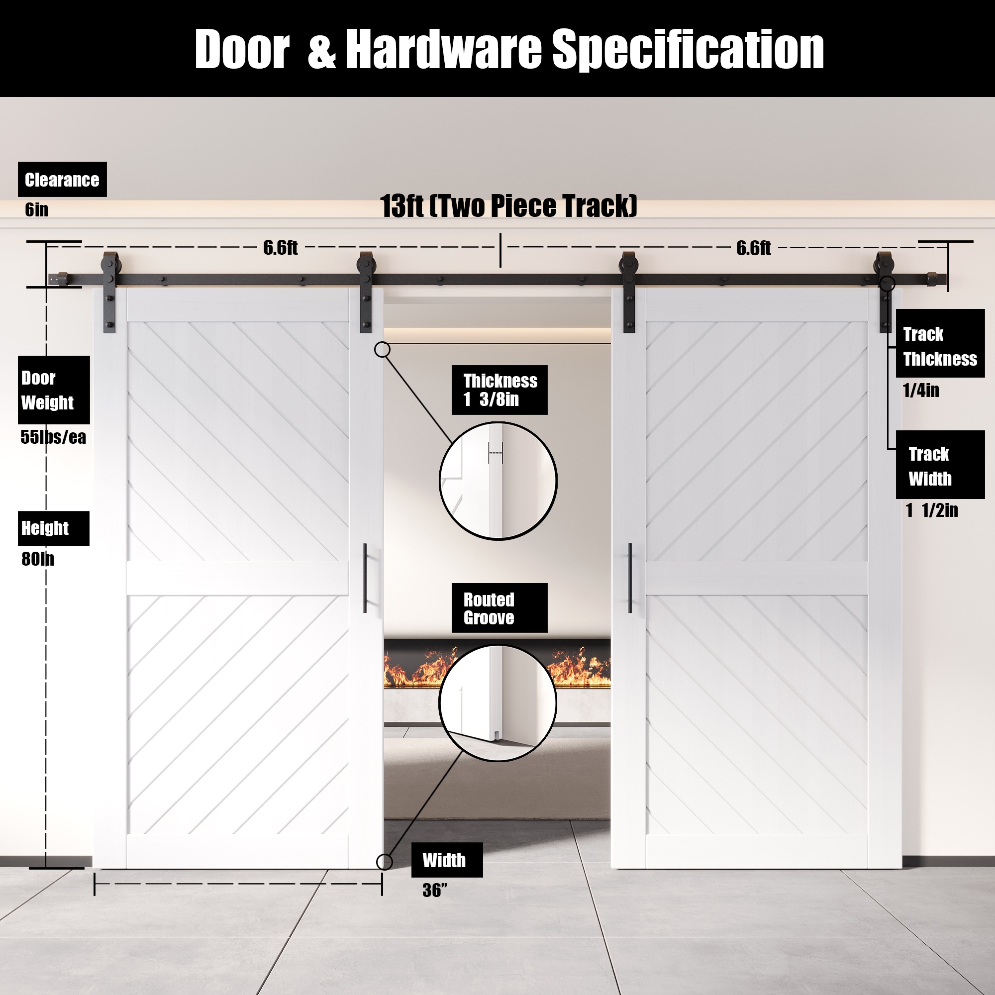 HOMACER YT2H156C-XT4-3680-WH Barn-Doors - View #2