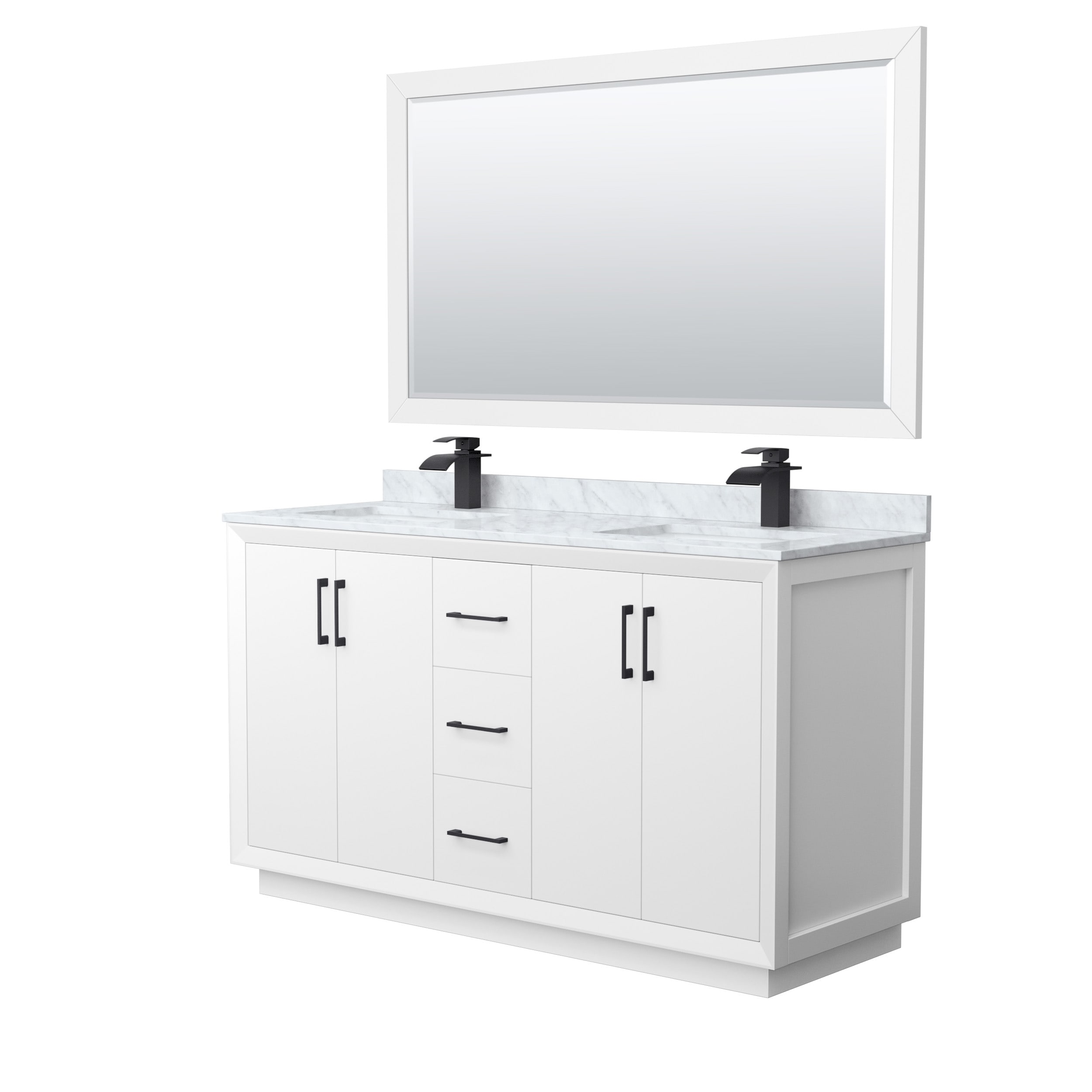 Wyndham Collection WCF414160DWBCMUNSM58 Strada 60-in White with Matte Black Trim Undermount Double sink Bathroom Vanity with White Carrara marble Natural marble Top (Mirror Included)