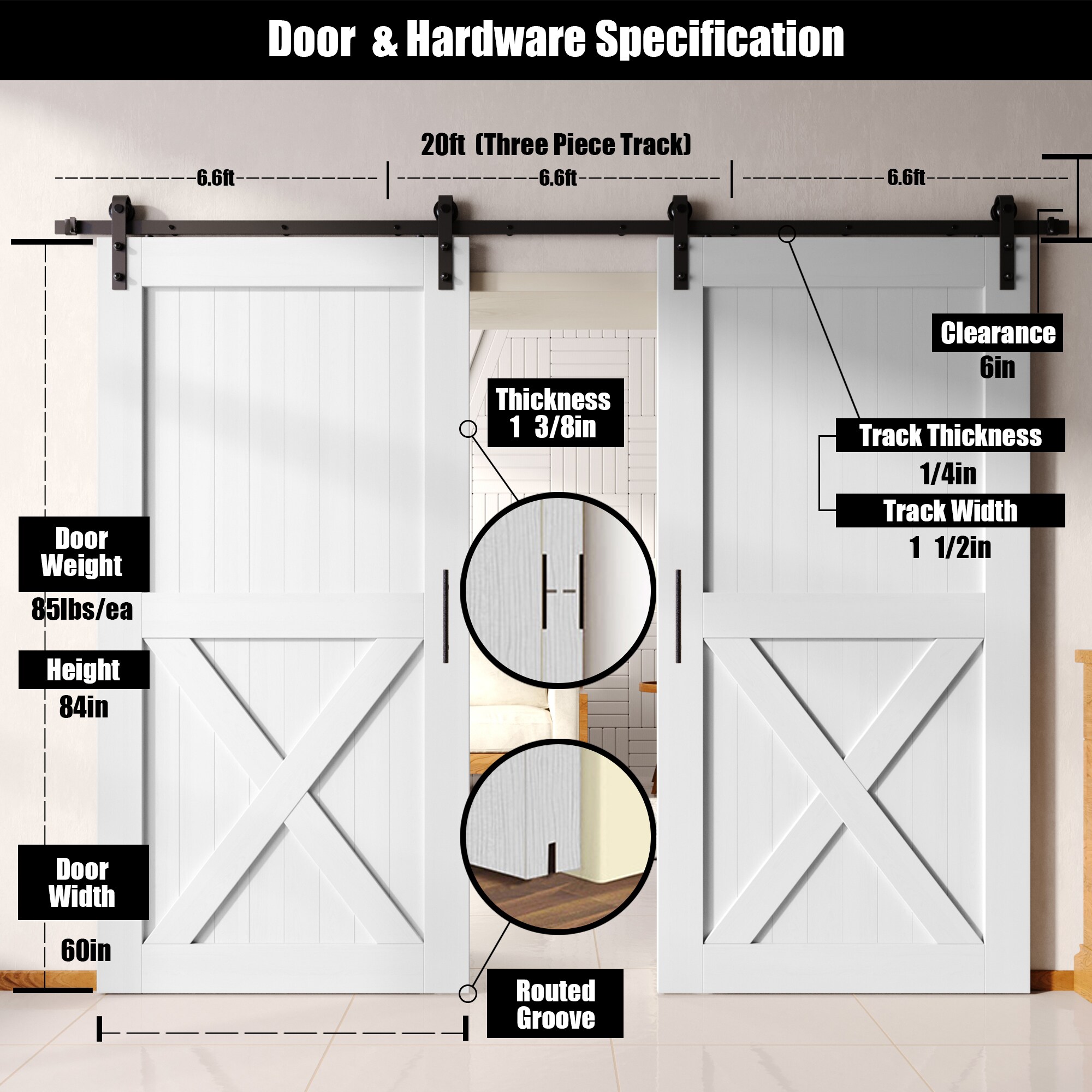 HOMACER YT2TGH240C-6084-X-WH Barn-Doors - View #2