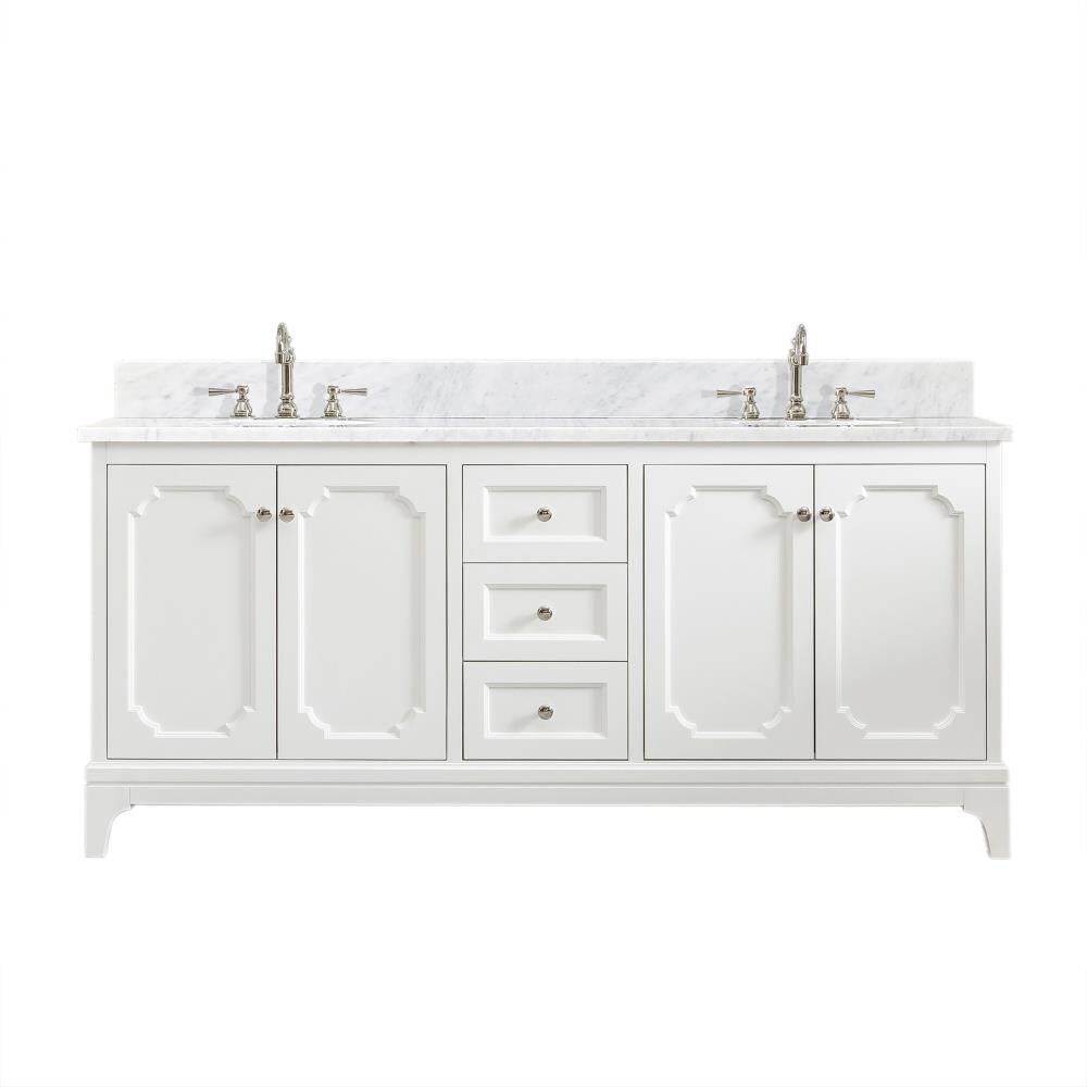 Water Creation QU72CW05PW-000TL1205 Queen 72-in Pure White Undermount Double Sink Bathroom Vanity with White Natural Marble Top (Faucet Included)