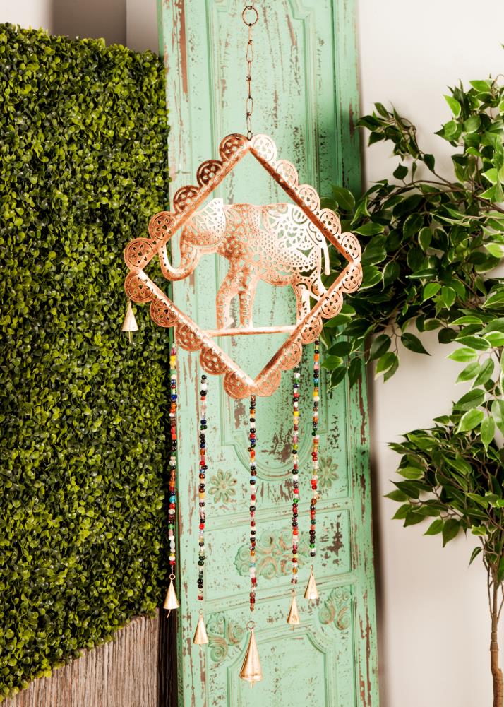Gold Metal Elephant Windchime with Glass Beads and Bells