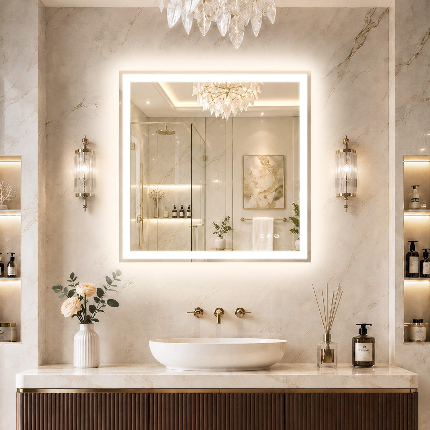 Velusian 36 in. W x 36 in. H Rectangular Frameless Anti-Fog Dimmable Wall Bathroom Vanity Mirror with Backlit and Front Lit