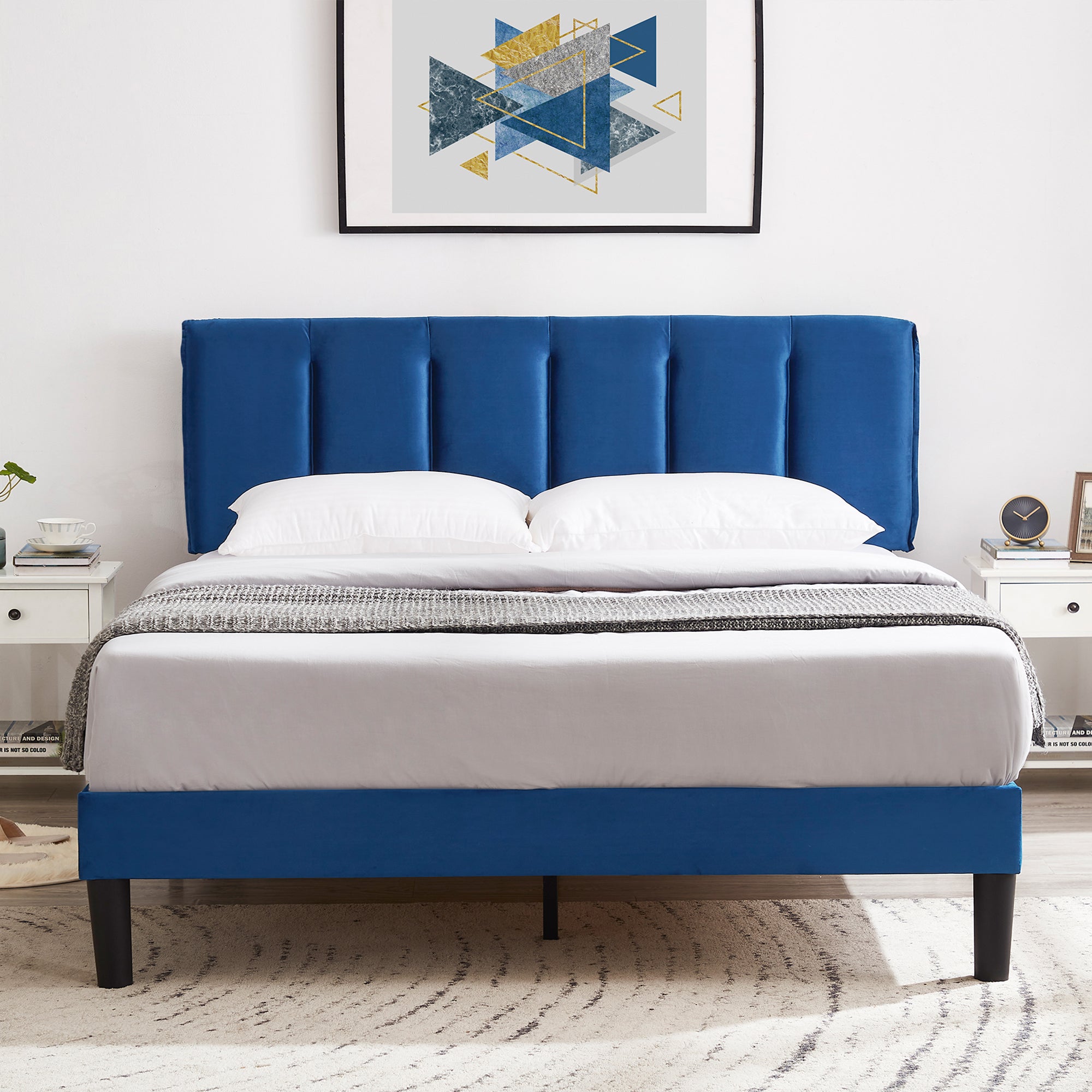 Vecelo LOE-CY-QB04-DBLU Queen Bed Frame with Upholstered Adjustable Headboard Heavy Duty Platform Bed Frame with Strong Wooden Slats Support Dark Blue