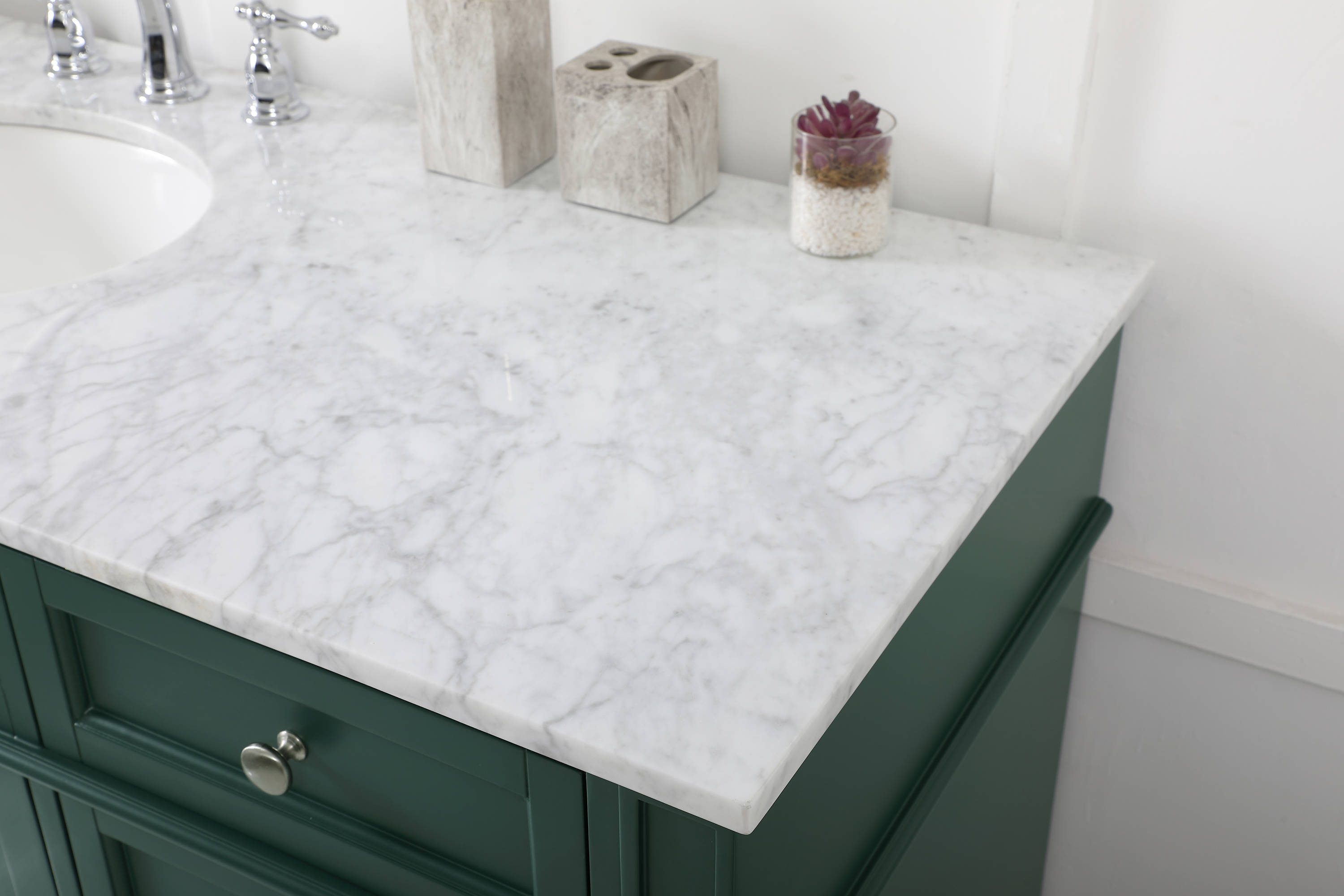 Green Solid Wood and Marble Single Bathroom Vanity