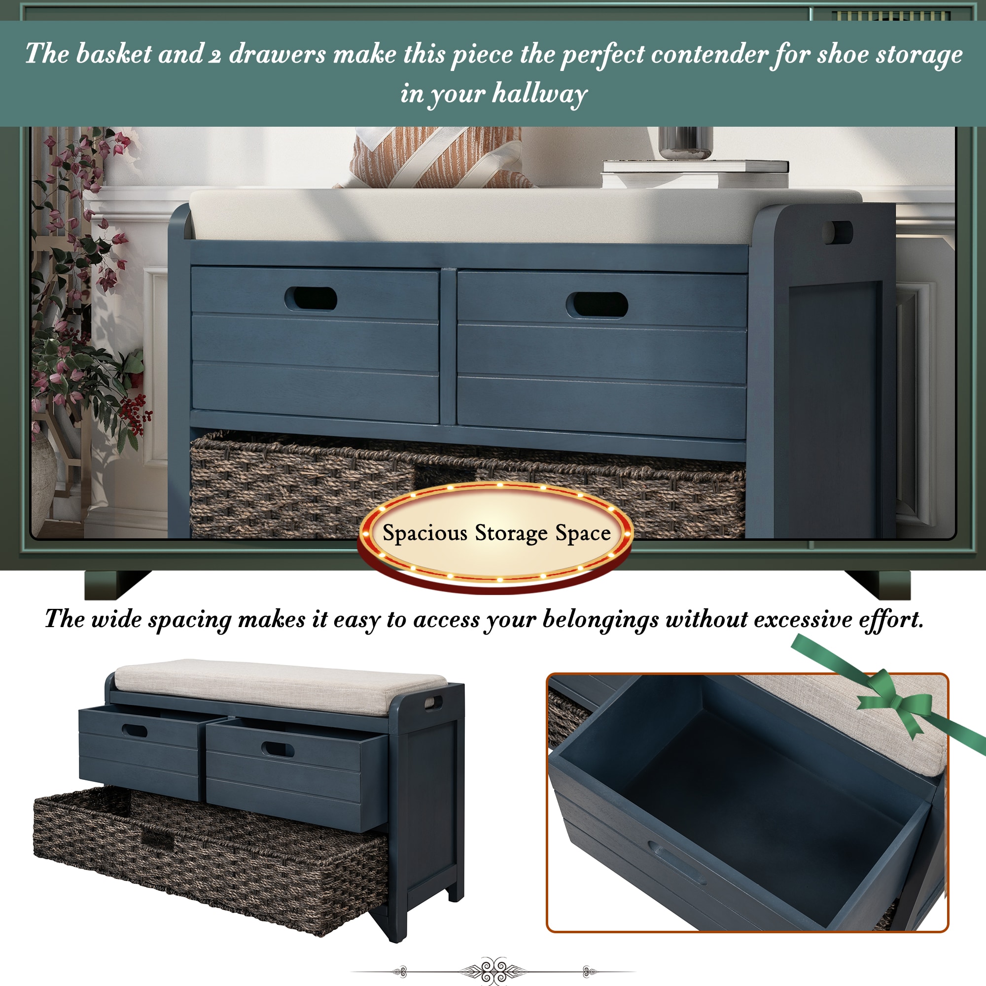 GZMR Modern Navy Storage Bench with Storage 32-in x 11.8-in x 20-in in ...