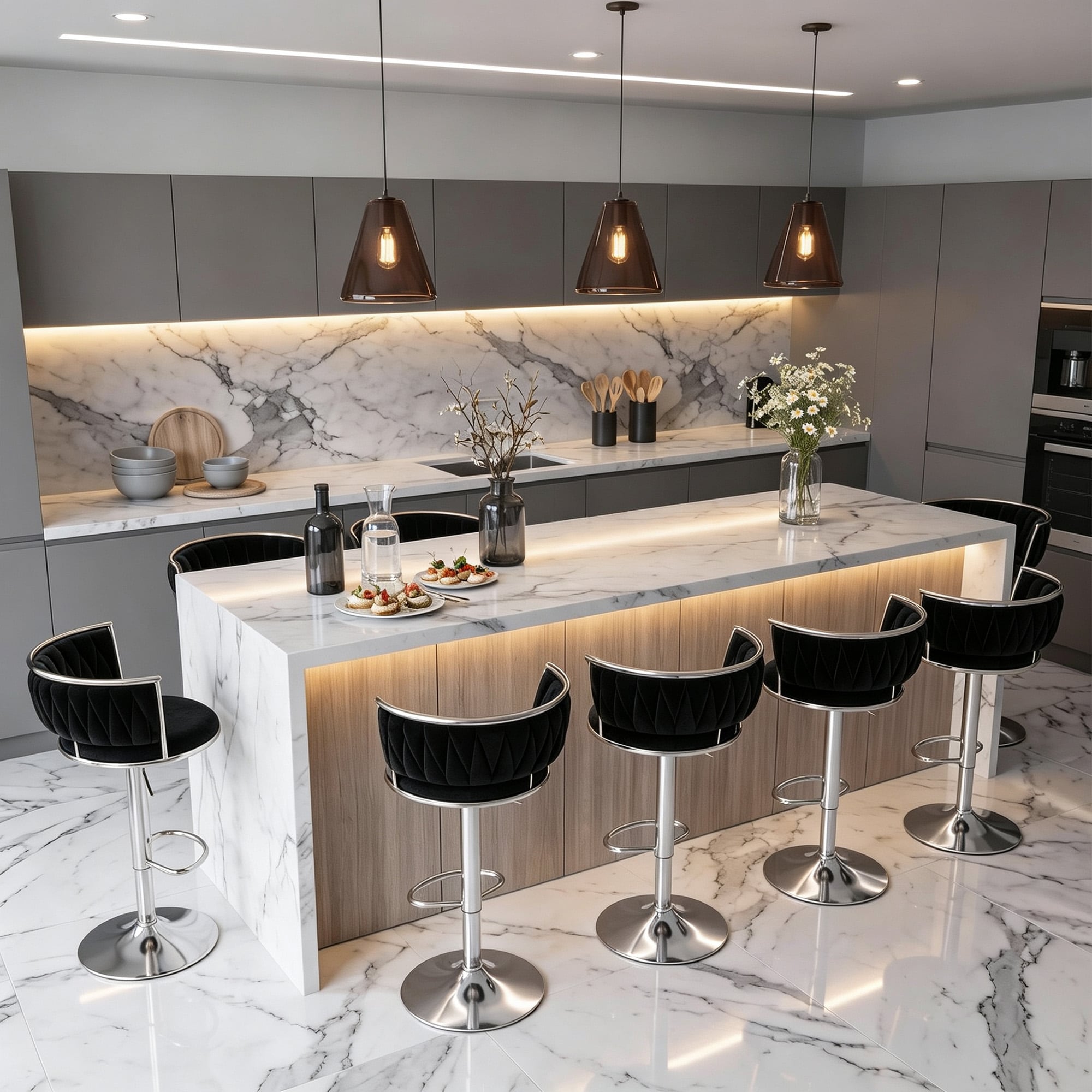 Dreamsidea - Set of 8 Curved Pleated Velvet Swivel Counter Bar Stools with Sturdy Base