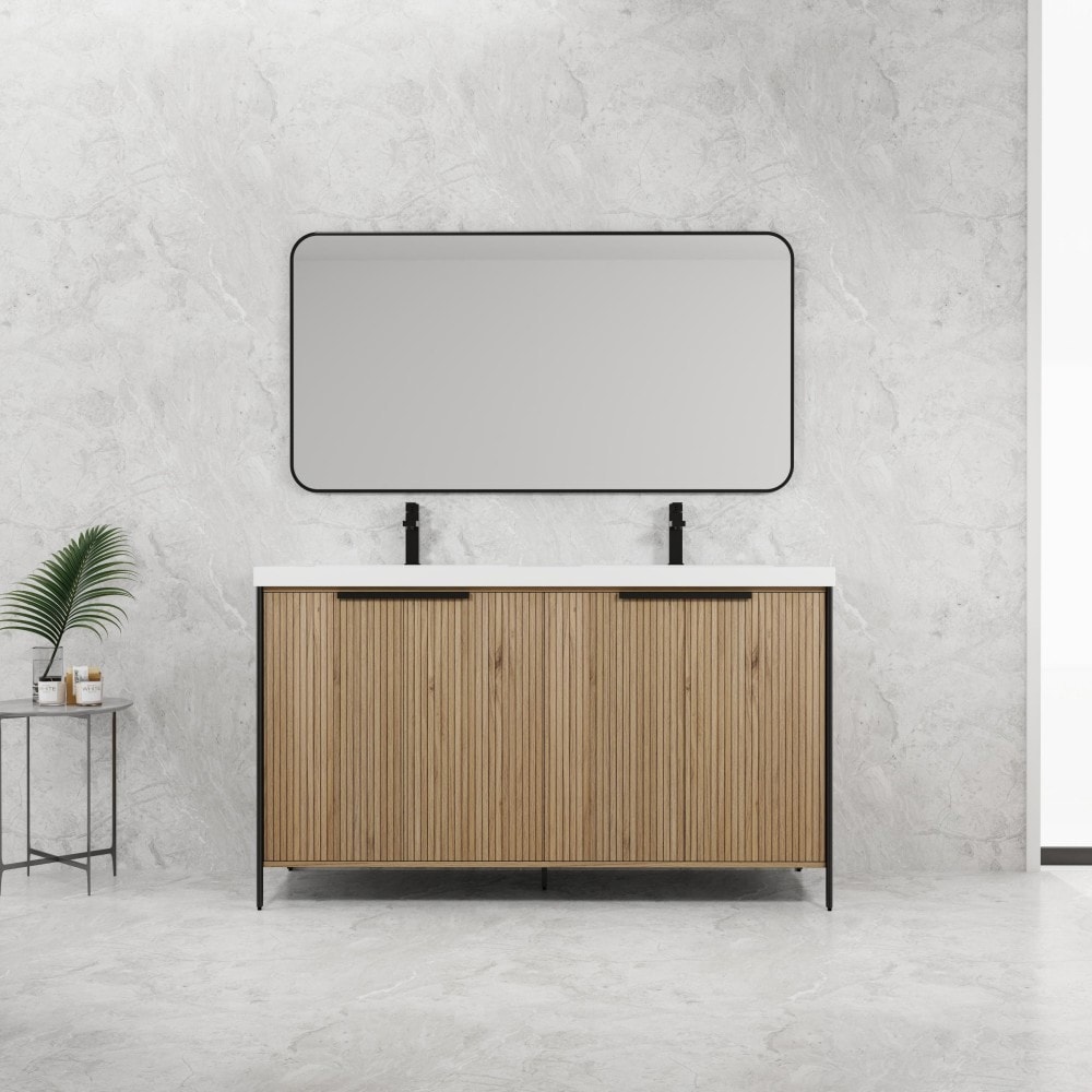 Basdien 59 in Brown Freestanding Bathroom Vanity With Double Resin Sink and 4 Soft Close Doors Modern Plywood Construction Adjustable Shelves Ample Storage Space 2 Packages Included Faucet Drain Pop Up Back Splash Mounting Bracket Not Included