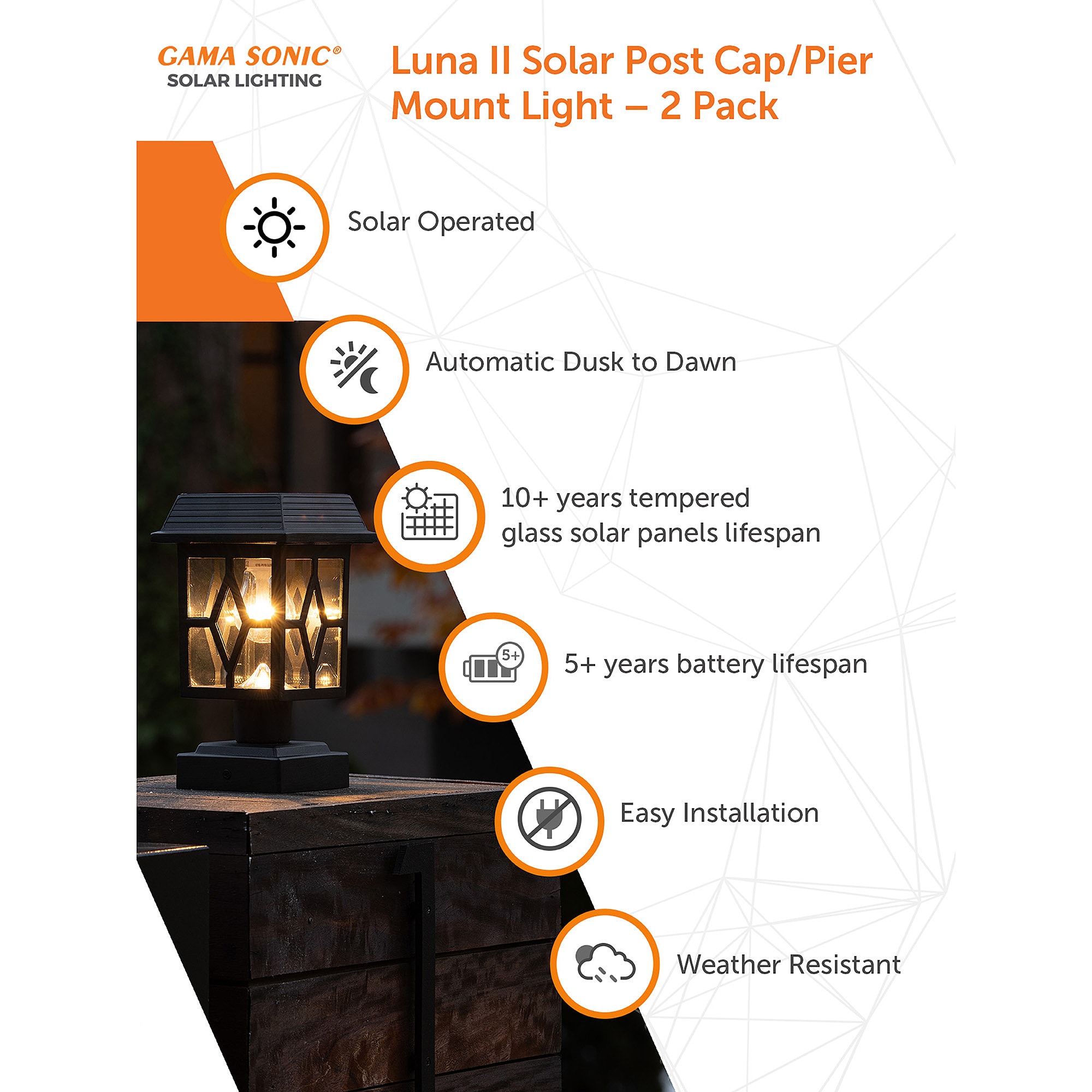 Luna II Black Cast Aluminum Solar LED Post Cap Lights, 2-Pack