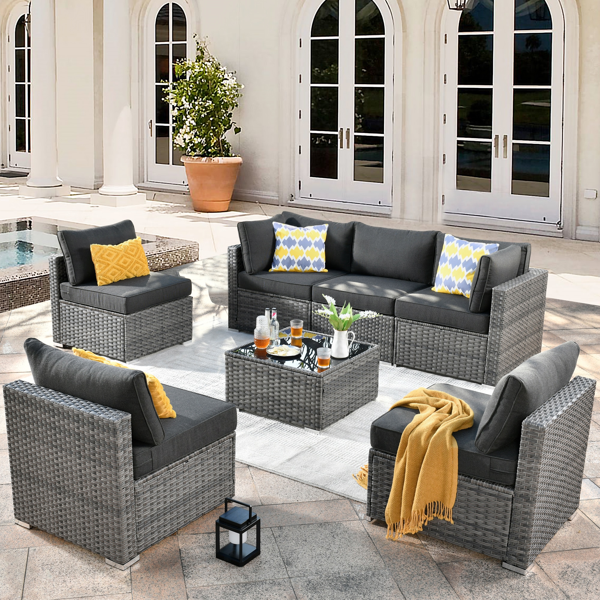 XIZZI XIHOPS103 Sunrise 7-Piece Rattan Patio Sofa Conversation Set with Black Cushions