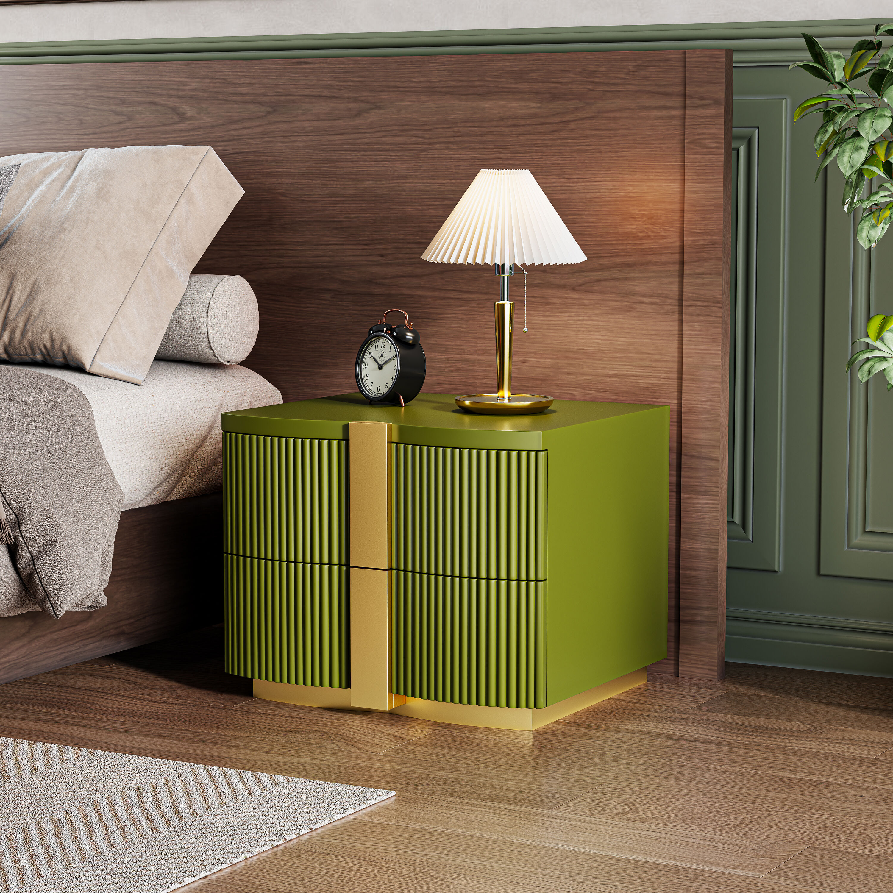 Christopher Knight Home Olive Green 2 Drawer Modern Mid-Century Nightstand with Heavy Duty Base Fluted Design