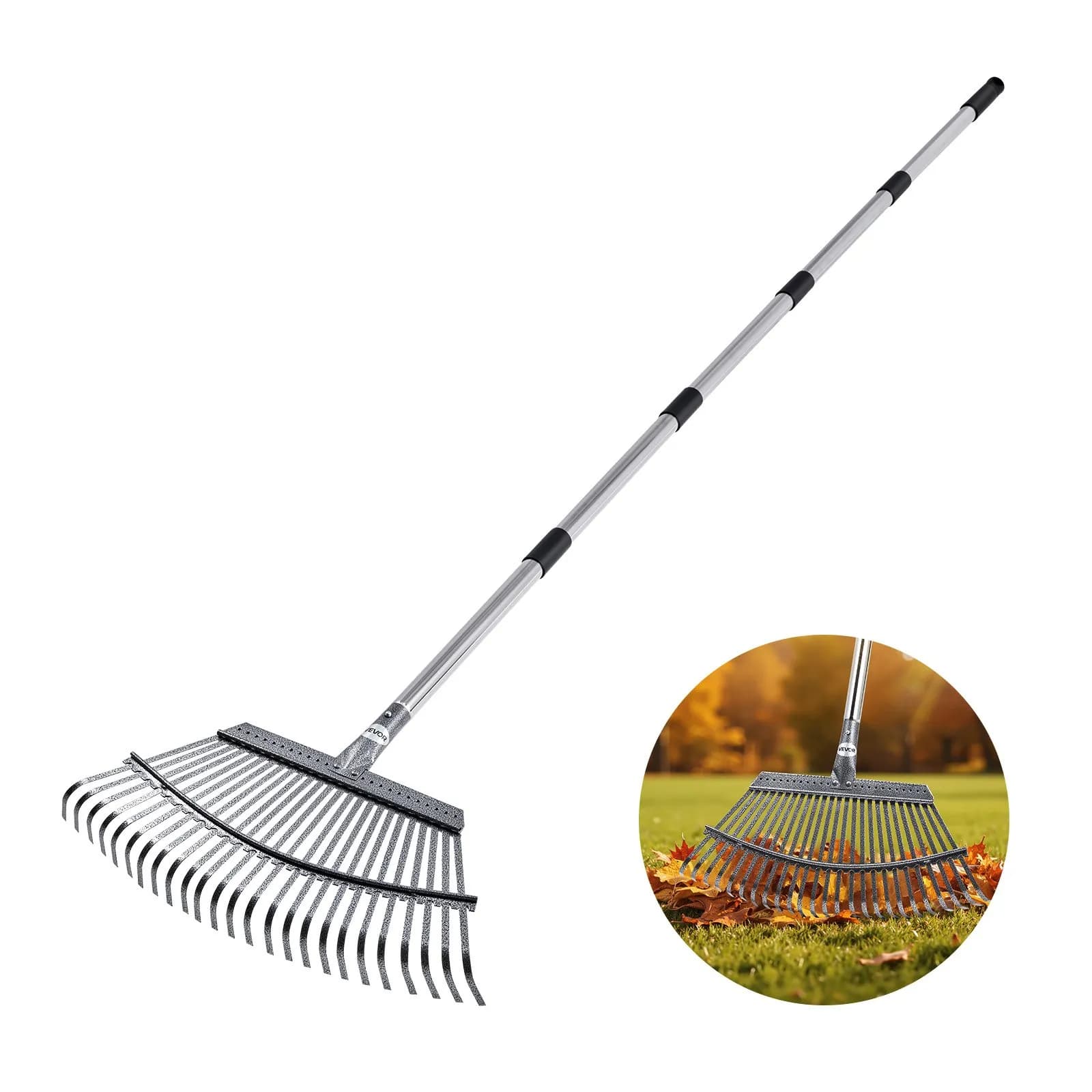 Angel Sar Leaf Rake with 25 Metal Tines Adjustable Garden Rake for Lawns 18.3 Inch Wide Head 36.4 to 72.8 Inch Long Handle Heavy Duty Stainless Steel Small Leaves Tool for Gardening Camping Yard Grass