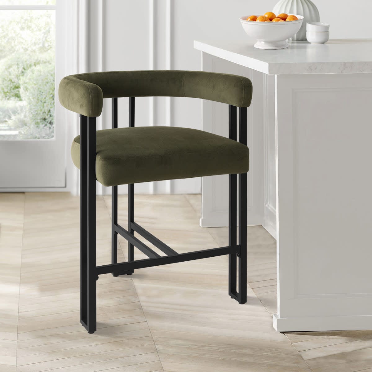Maison Boucle MIA-C-V-GREEN-1PK Green Velvet Counter Height Bar Stool with Armrest and Curved Back for Kitchen Island