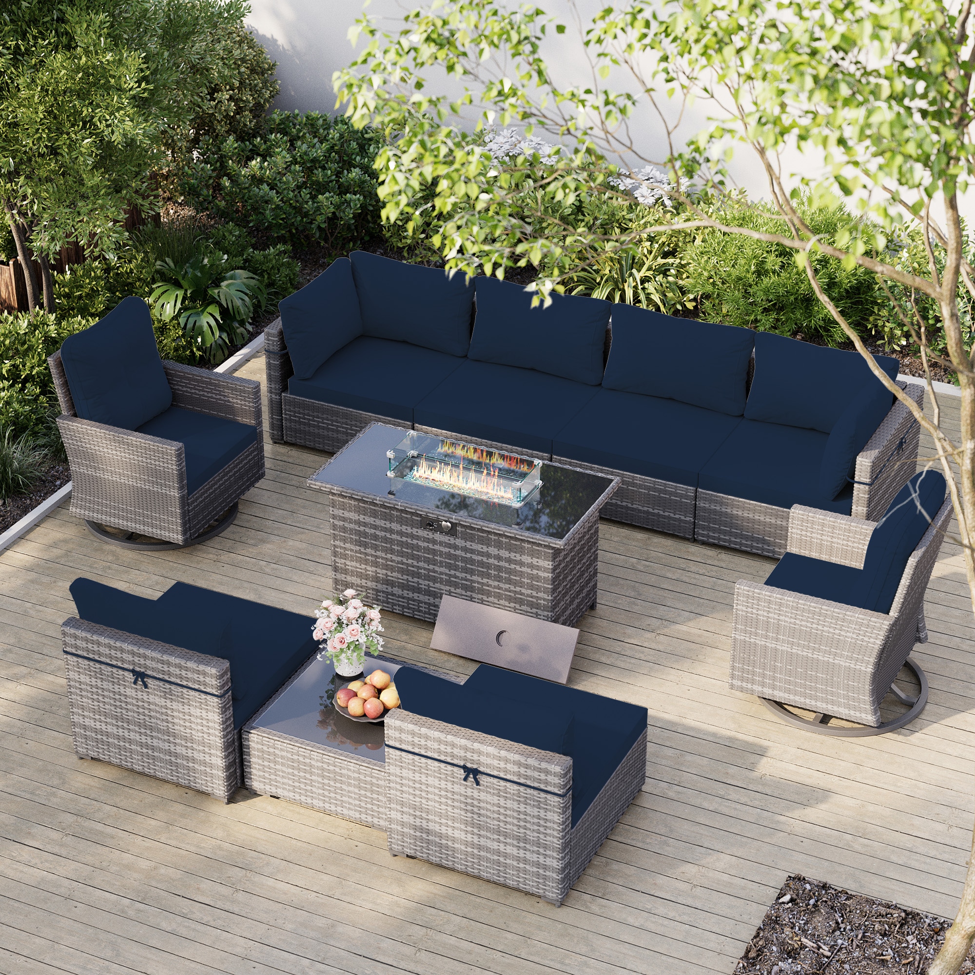 UPHA TBDK-ABC43Y11-NA 10 -Piece Wicker Patio Sofa Conversation Set with Blue Cushions