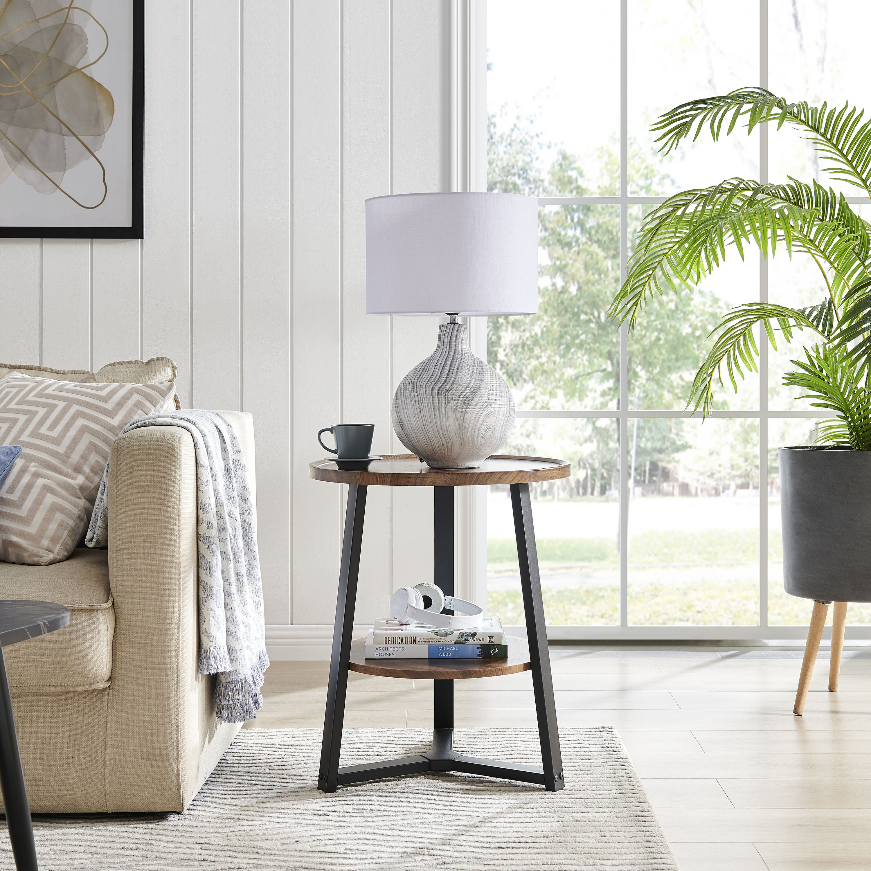 Walnut and Black Round Two-Tier Accent Table with Metal Legs