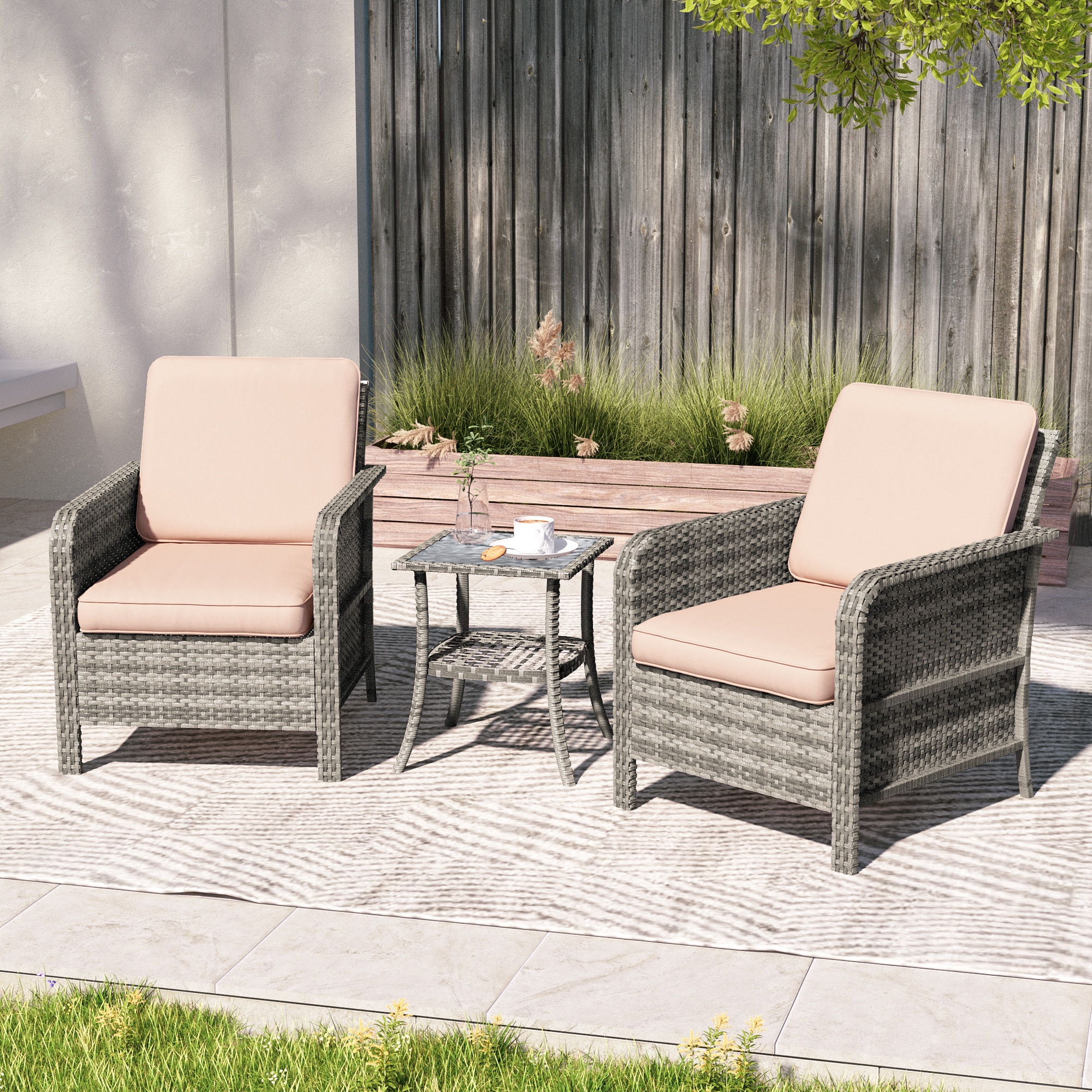 ACEGOSES LW-S2BSD-T3 3-Piece Wicker Patio Conversation Set with Tan Cushions