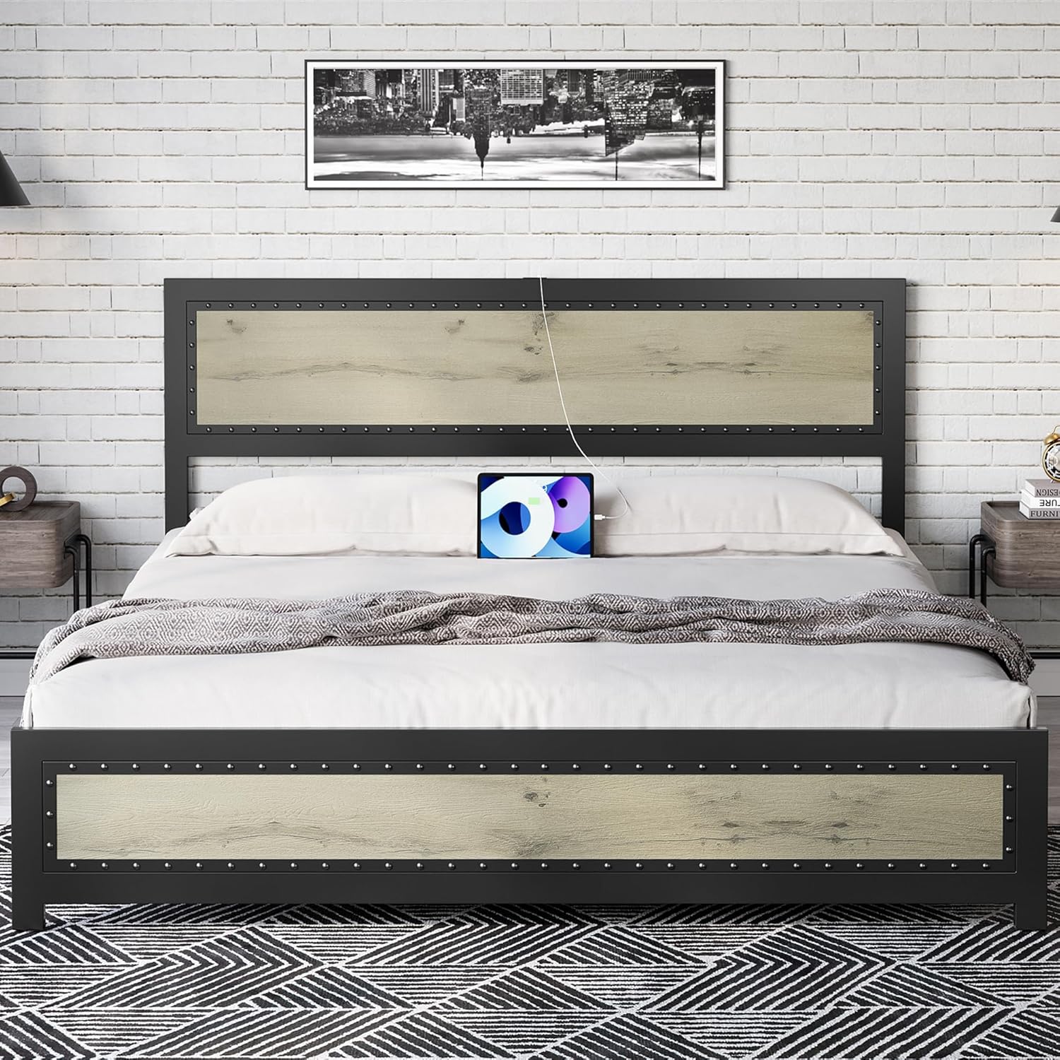 Garvee King Size Bed Frame with Rivet Wood Headboard and Footboard ...