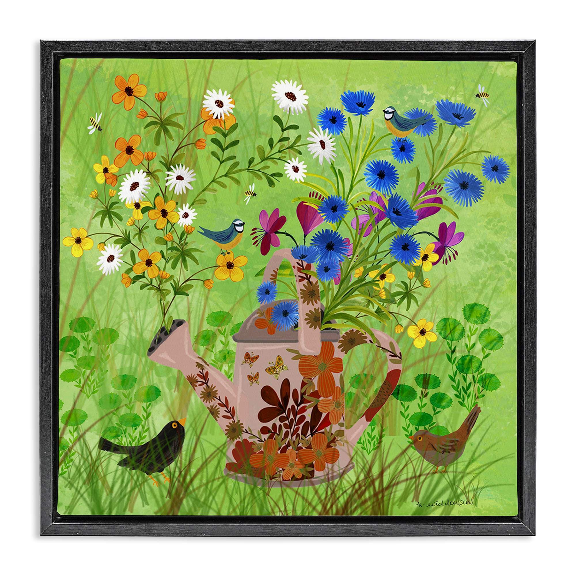 Stupell Industries BS-594-FFB-17X17 Bright Gardening Can and Birds Black Framed Floater Canvas Wall Art By Kay Widdowson 18 x 18