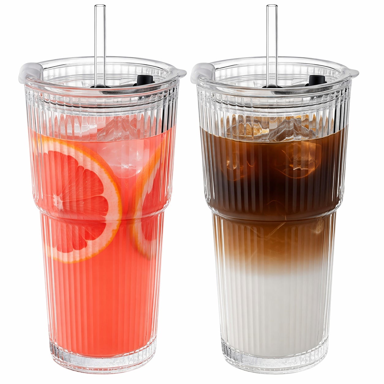 Aoibox  20 oz Ribbed Glass Tumbler Set 2 Pack with Bamboo Lids Thickened Glass Leakproof Iced Coffee Glasses