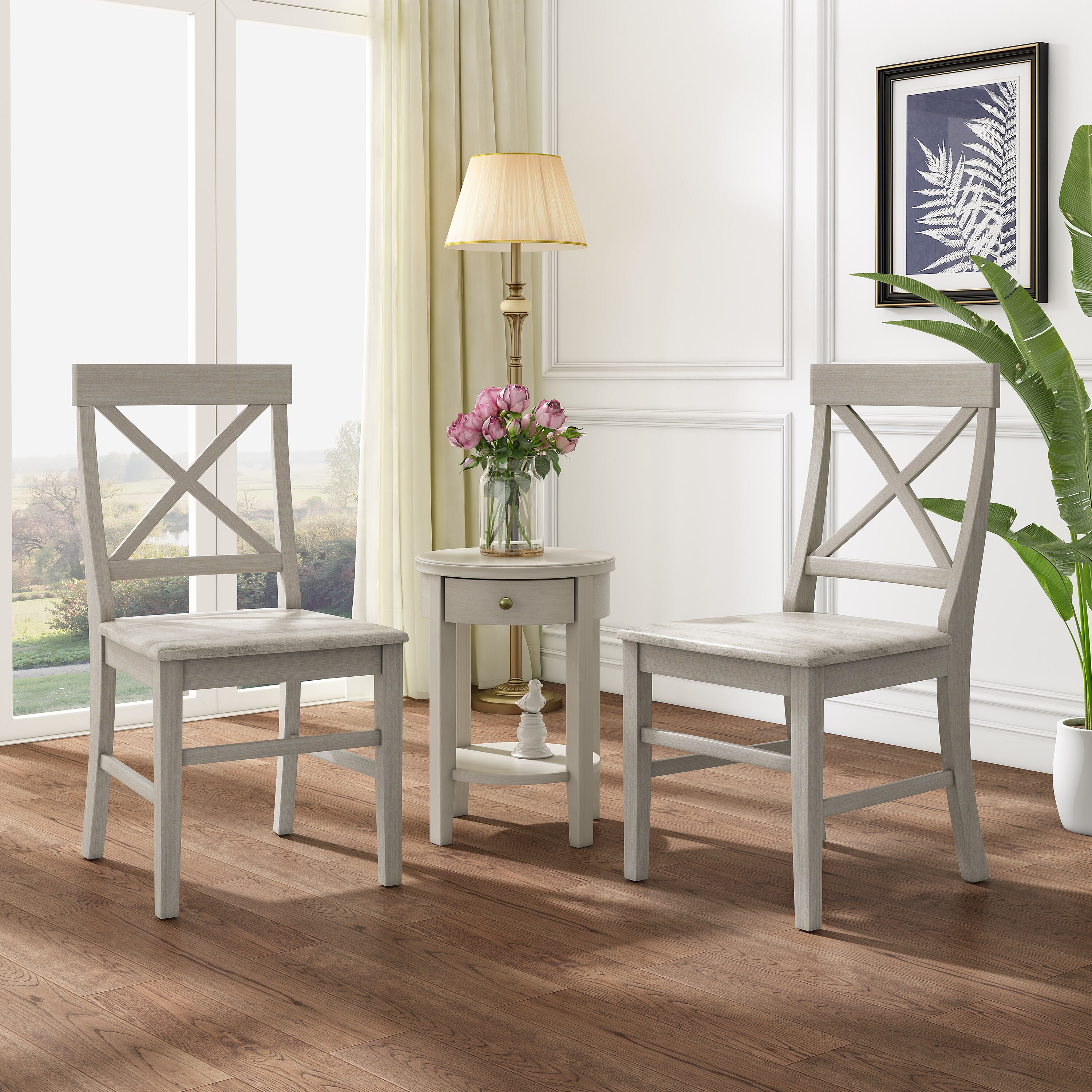 ModernLuxe Roshan Farmhouse Acacia Wood Dining Chairs Light Grey Wash Set of 2
