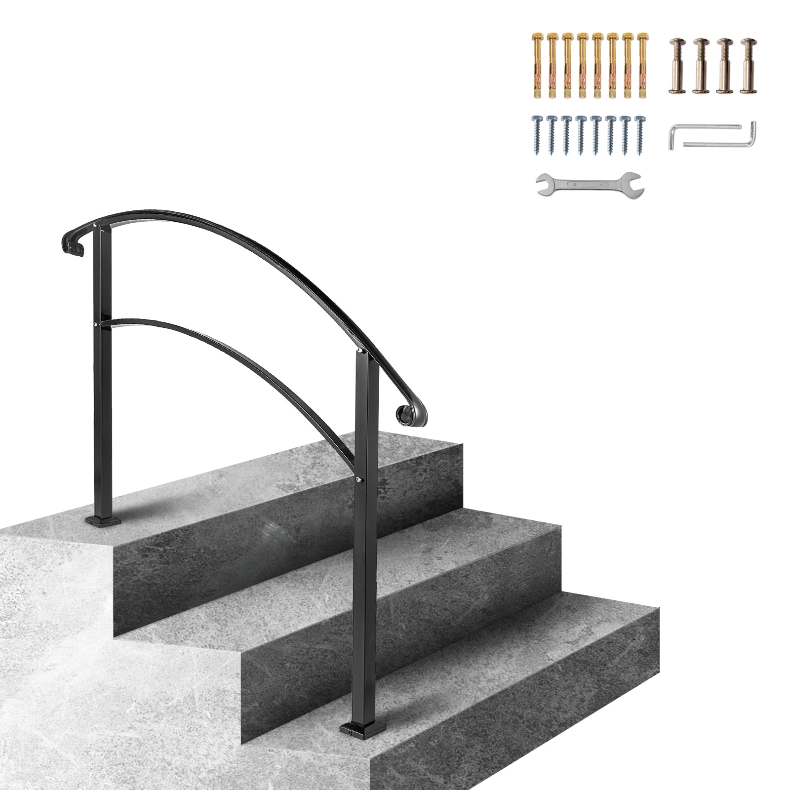 Loheer 44.09-in L Black Wrought Iron 1 to 3-Step Outdoor Stair Railing Kit for Concrete and Wooden Front Porch Steps