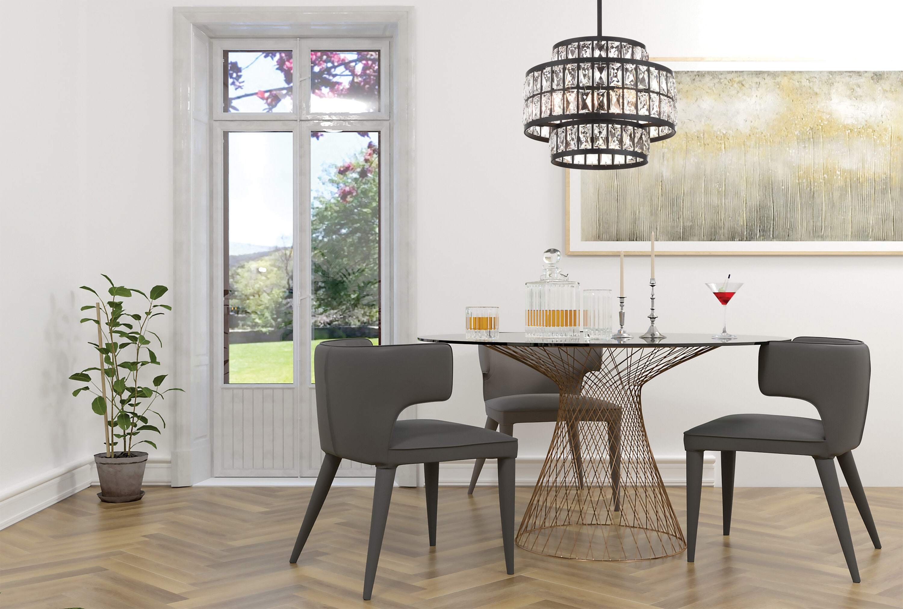 Matte Black Crystal Drum LED Pendant Light