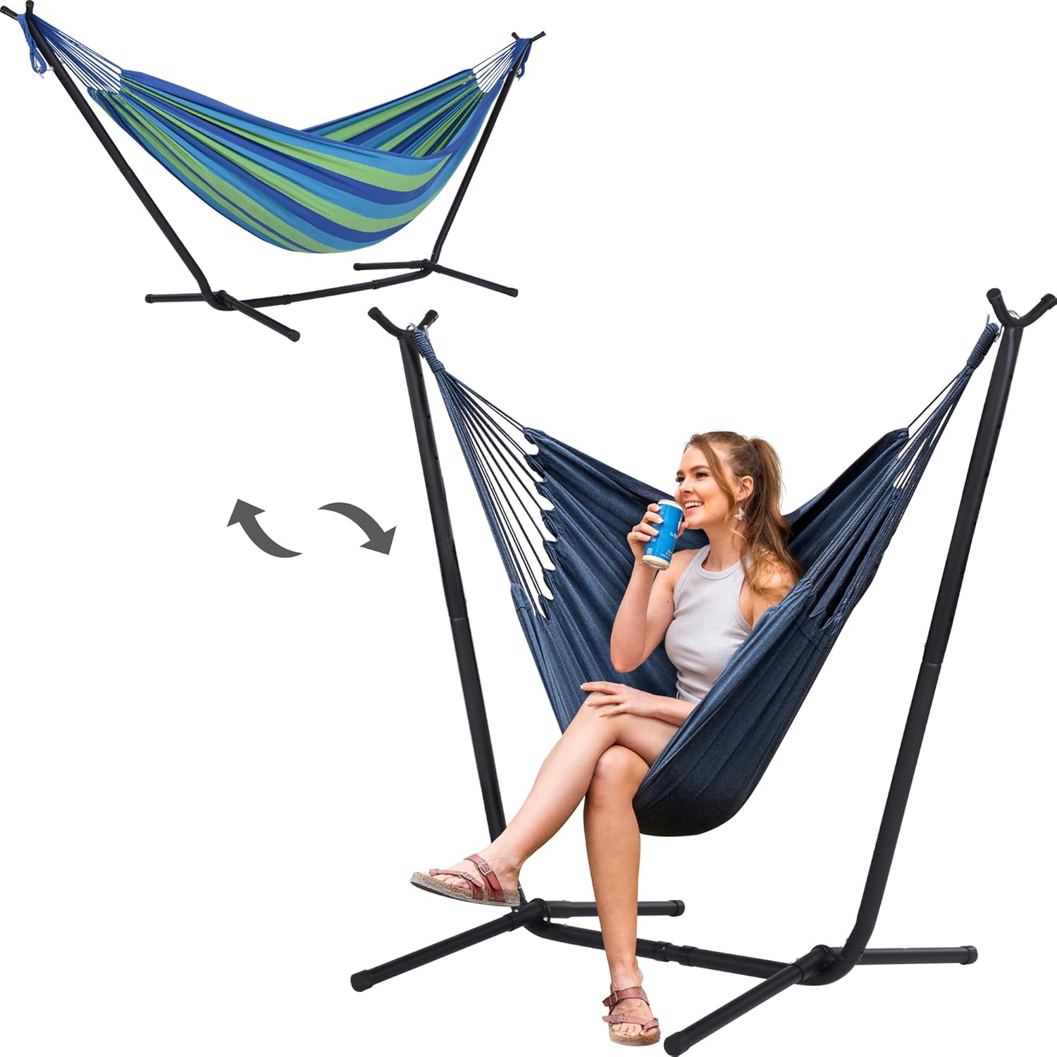 SUNCREAT B0CQ47QF7M 2 in 1 Convertible Swing Chair with Stand Included Outdoor Hammocks for Outside Patent Pending Green Strip