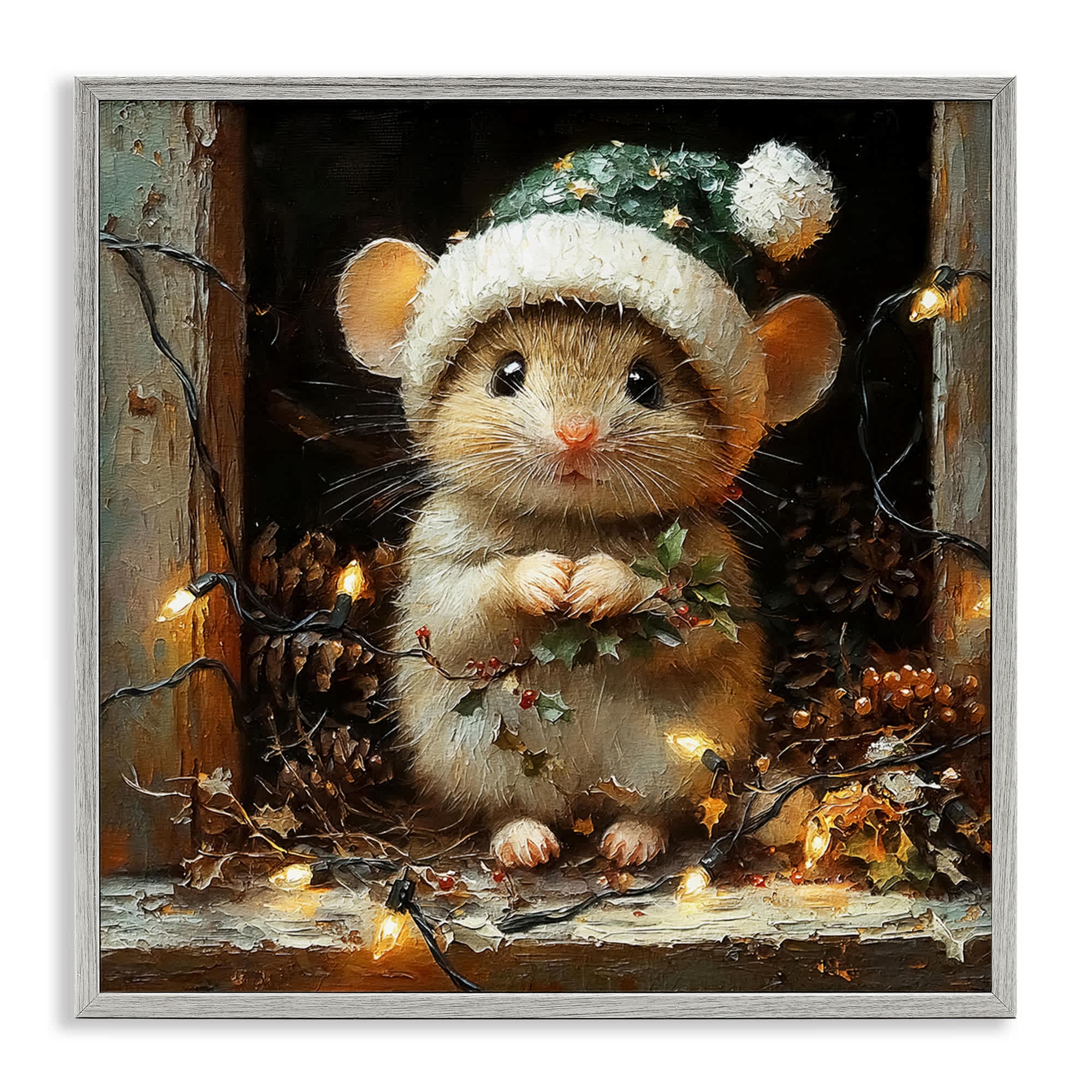 Stupell Industries  Barn Mouse with Christmas Lights Gray Framed Giclee Art By Riley B 17 x 17