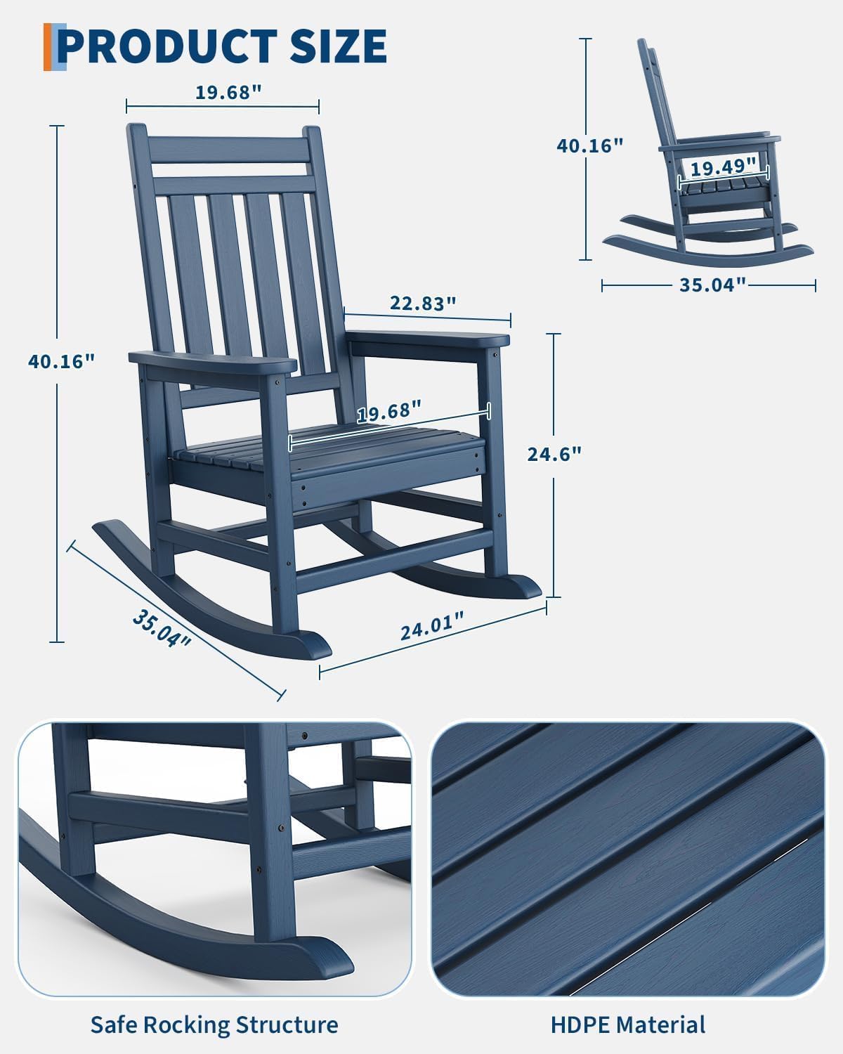 IdealHouse Outdoor HDPE Rocking Chair for Adults High Back Porch Rocker ...