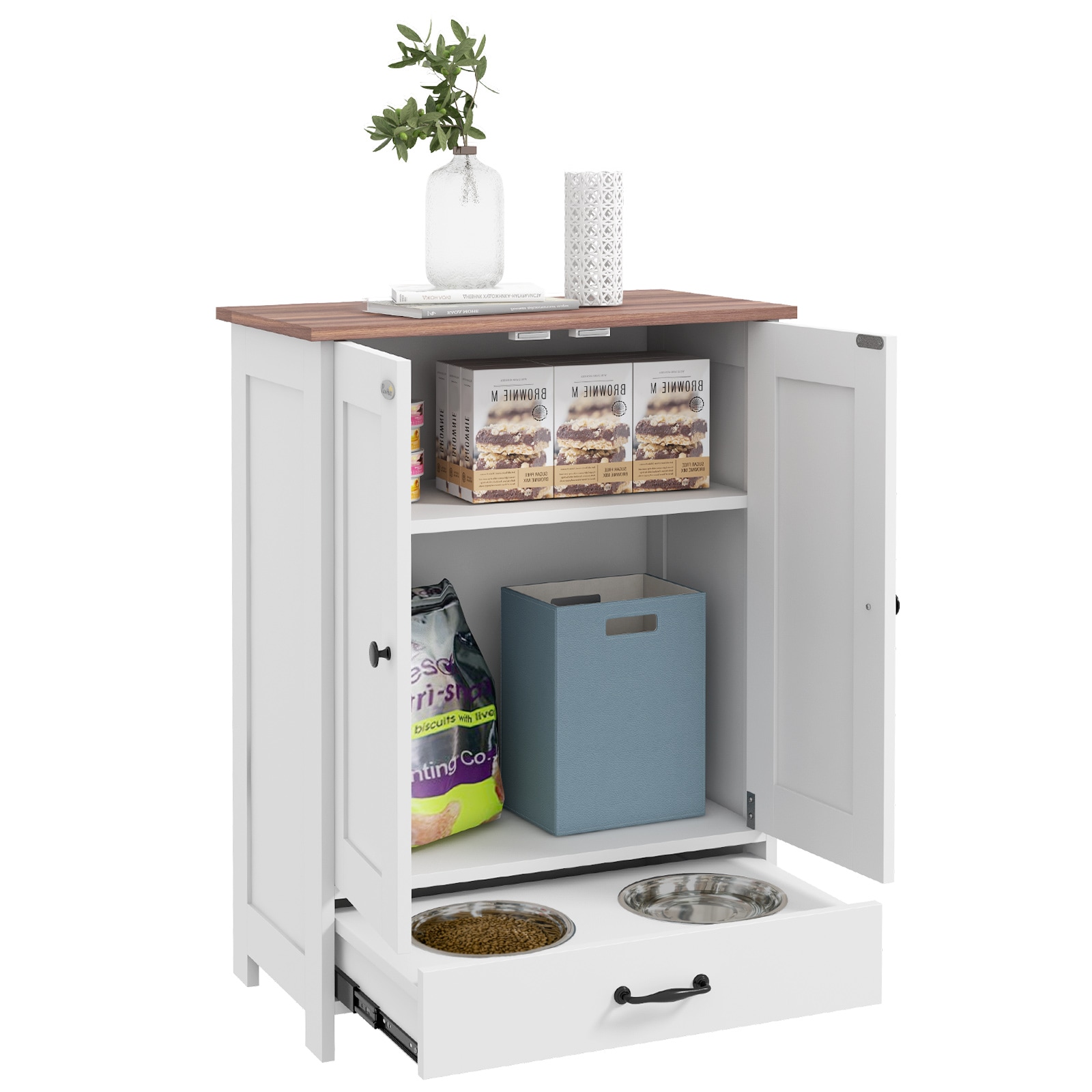 LOVMOR - Dog Feeding Station Dog Food Storage Cabinet with Hidden Dog Bowls Adjustable Panel Hook...