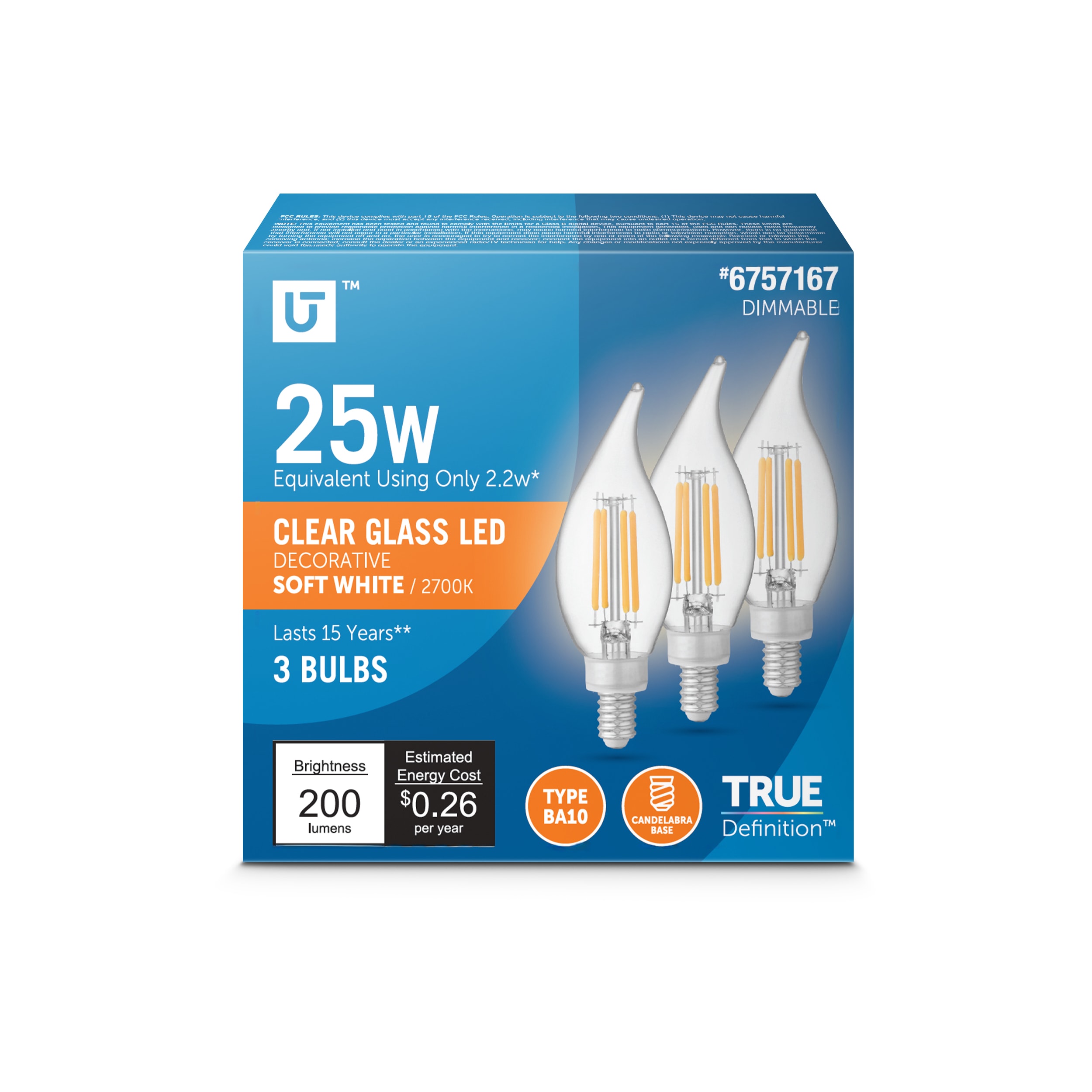 Utilitech LCFC25927CAFIL3 25 -Watt EQ B10 Soft white Screw bases Dimmable LED Decorative Light Bulb 3 -Pack